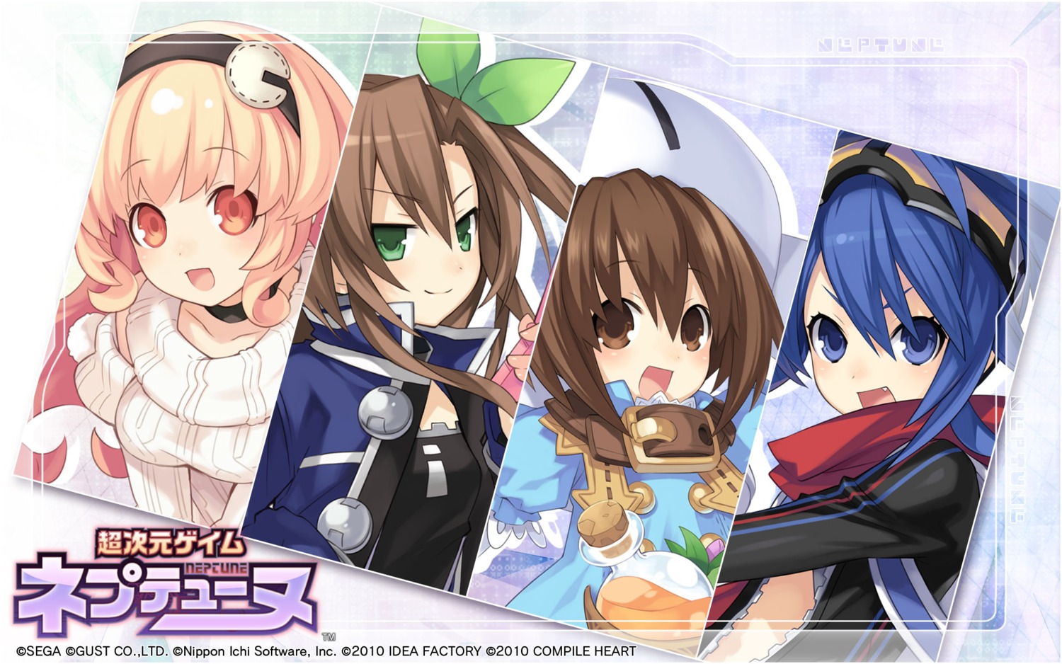 choujigen_game_neptune, compa, compile_heart, gust_(choujigen_game_neptune), if_(choujigen_game_neptune), jpeg_artifacts, nippon_ichi_(choujigen_game_neptune), open_shirt