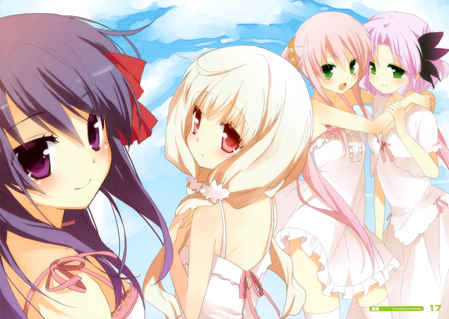 cafe_sourire, cuffs, dress, kurot, mizushima_kasumi, mizushima_serika, ogiwara_kyouko, summer_dress, yukishita_miyuri
