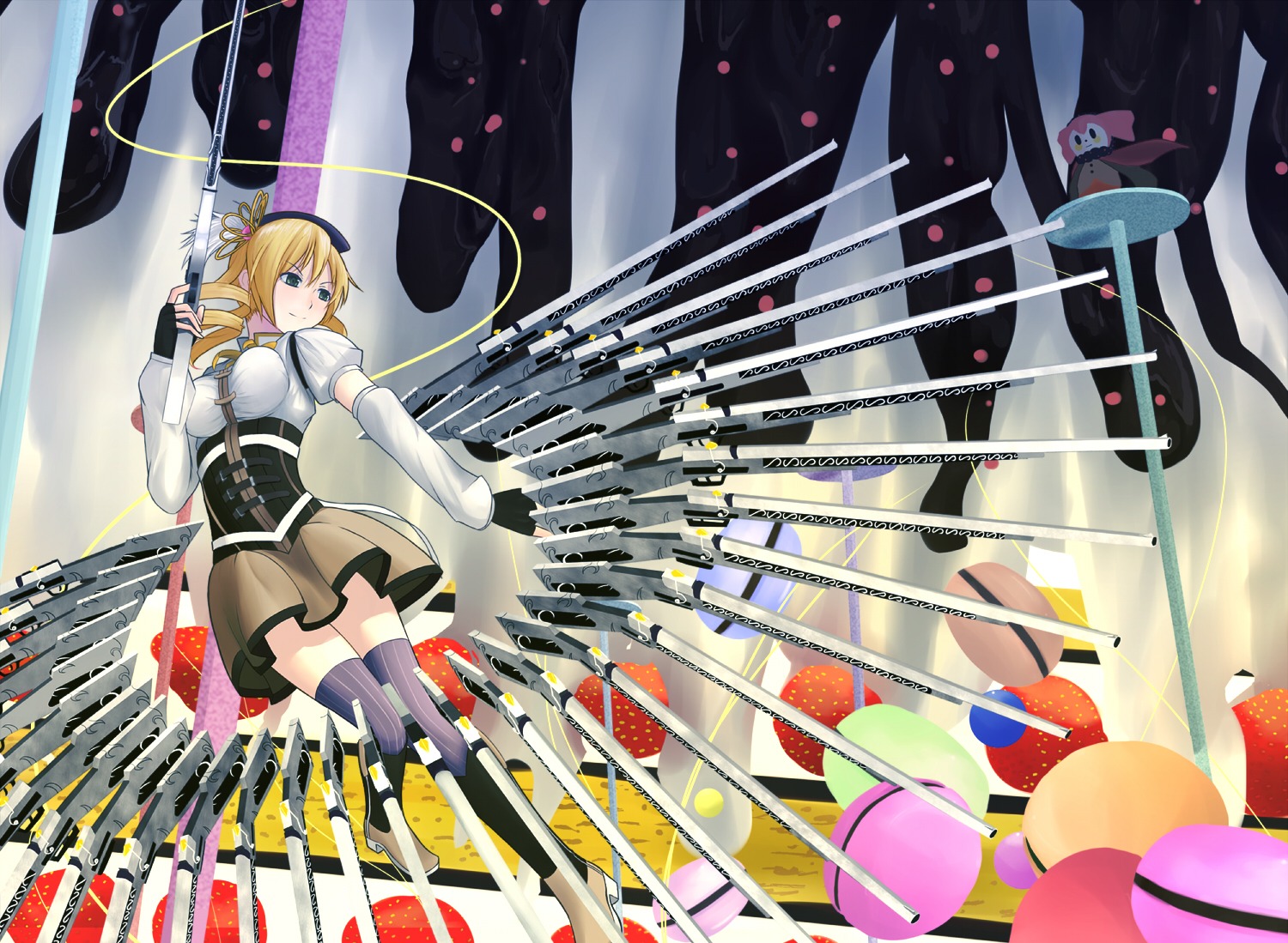 charlotte_(madomagi), gun, mahou_shoujo_madoka_magica, shinbee, thighhighs, tomoe_mami