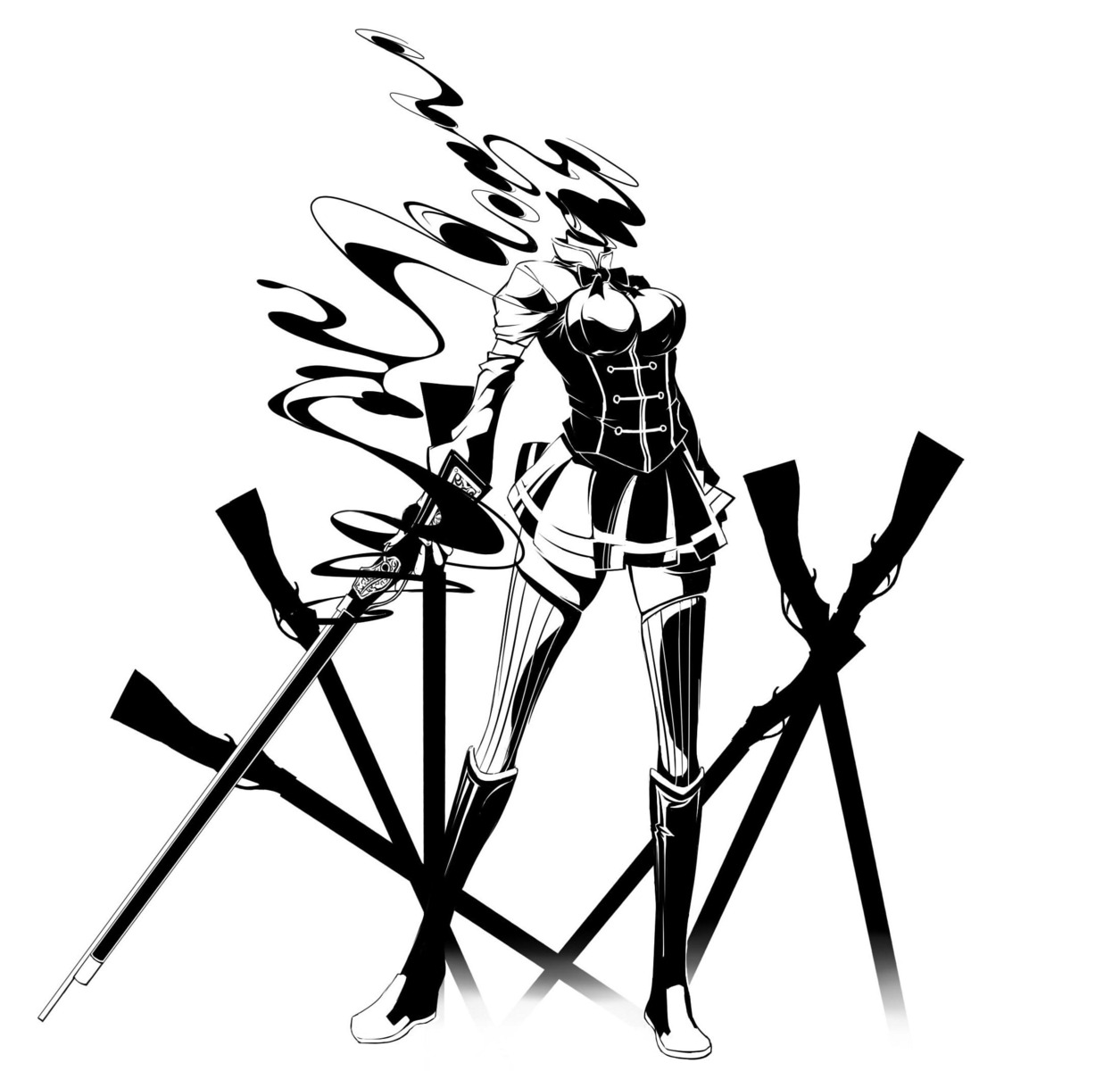 gun, jpeg_artifacts, mahou_shoujo_madoka_magica, monochrome, thighhighs, tomoe_mami, touryou