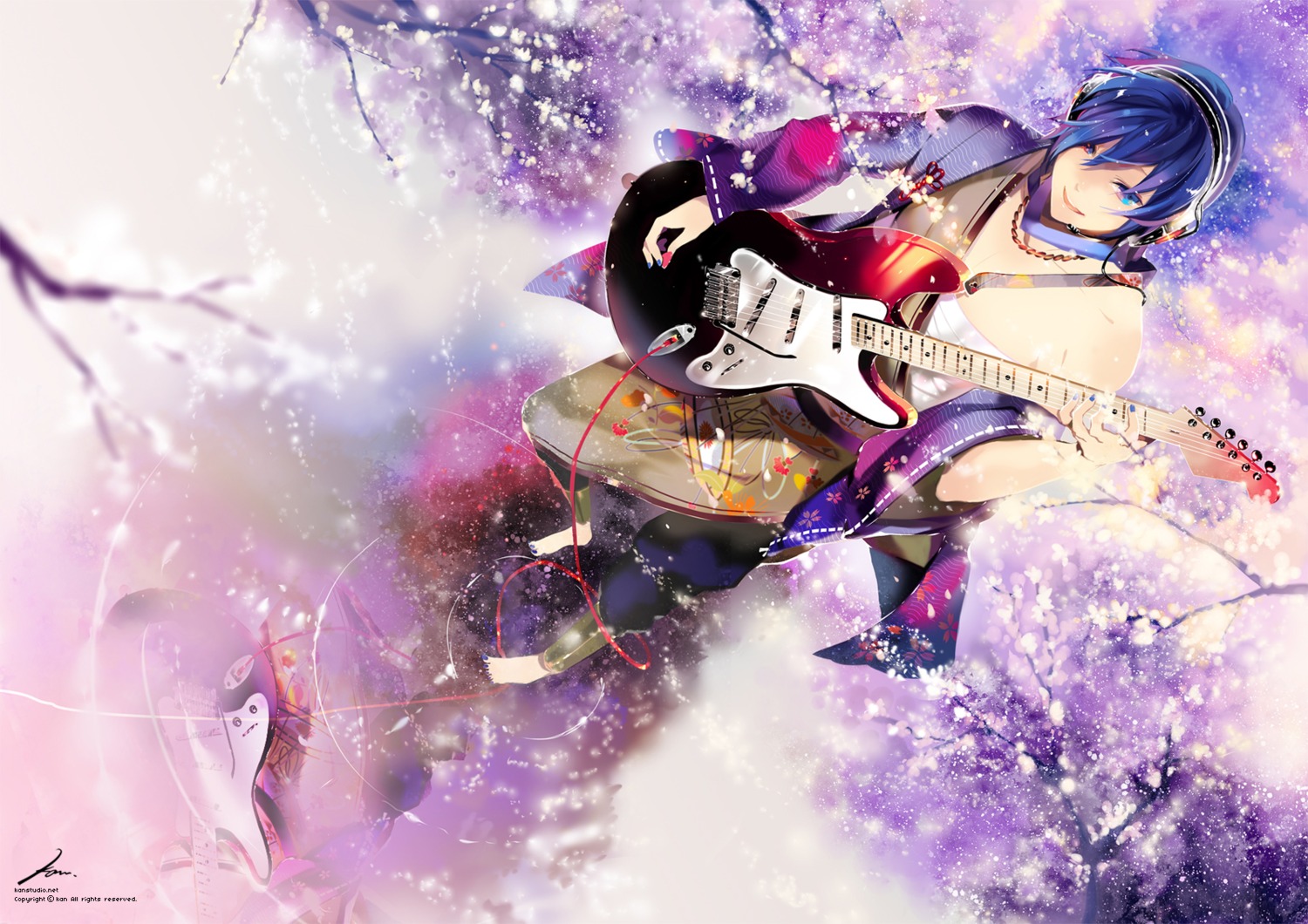 guitar, headphones, japanese_clothes, kaito, kaninn, vocaloid