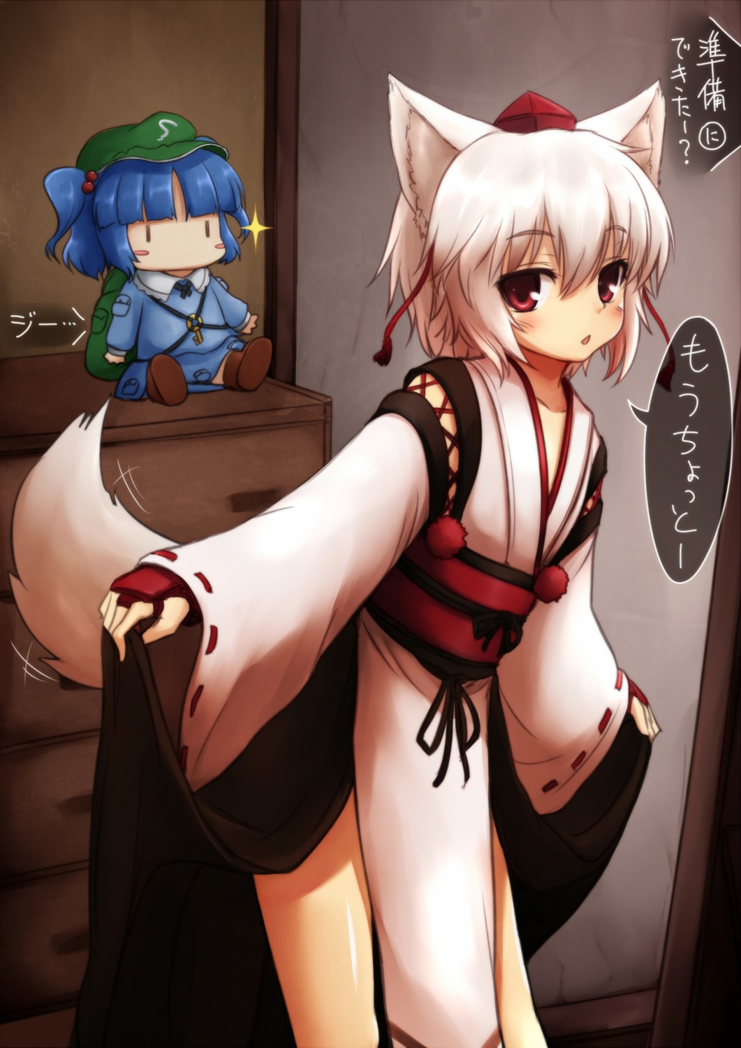 animal_ears, inubashiri_momiji, japanese_clothes, kawashiro_nitori, negija, tail, touhou