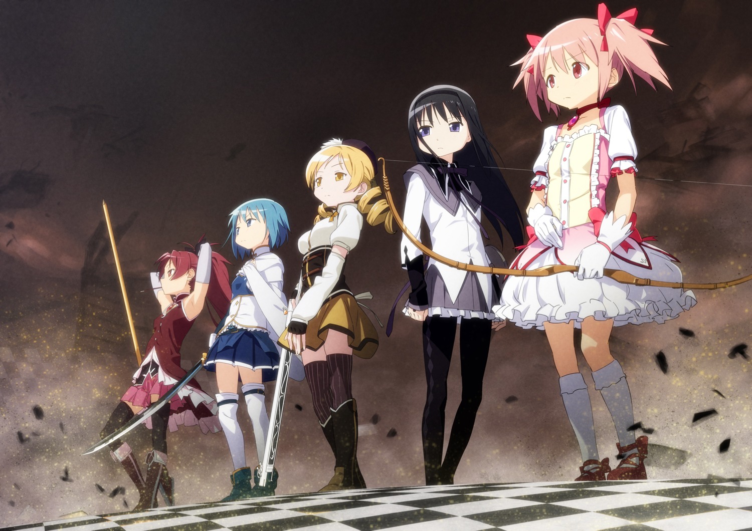 akemi_homura, chibi_maru, dress, gun, kaname_madoka, mahou_shoujo_madoka_magica, miki_sayaka, pantyhose, sakura_kyouko, sword, thighhighs, tomoe_mami