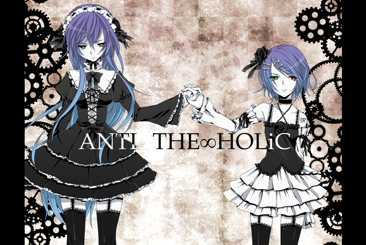 dress, gothic_lolita, heterochromia, kagamine_rin, lolita_fashion, megurine_luka, stockings, thighhighs
