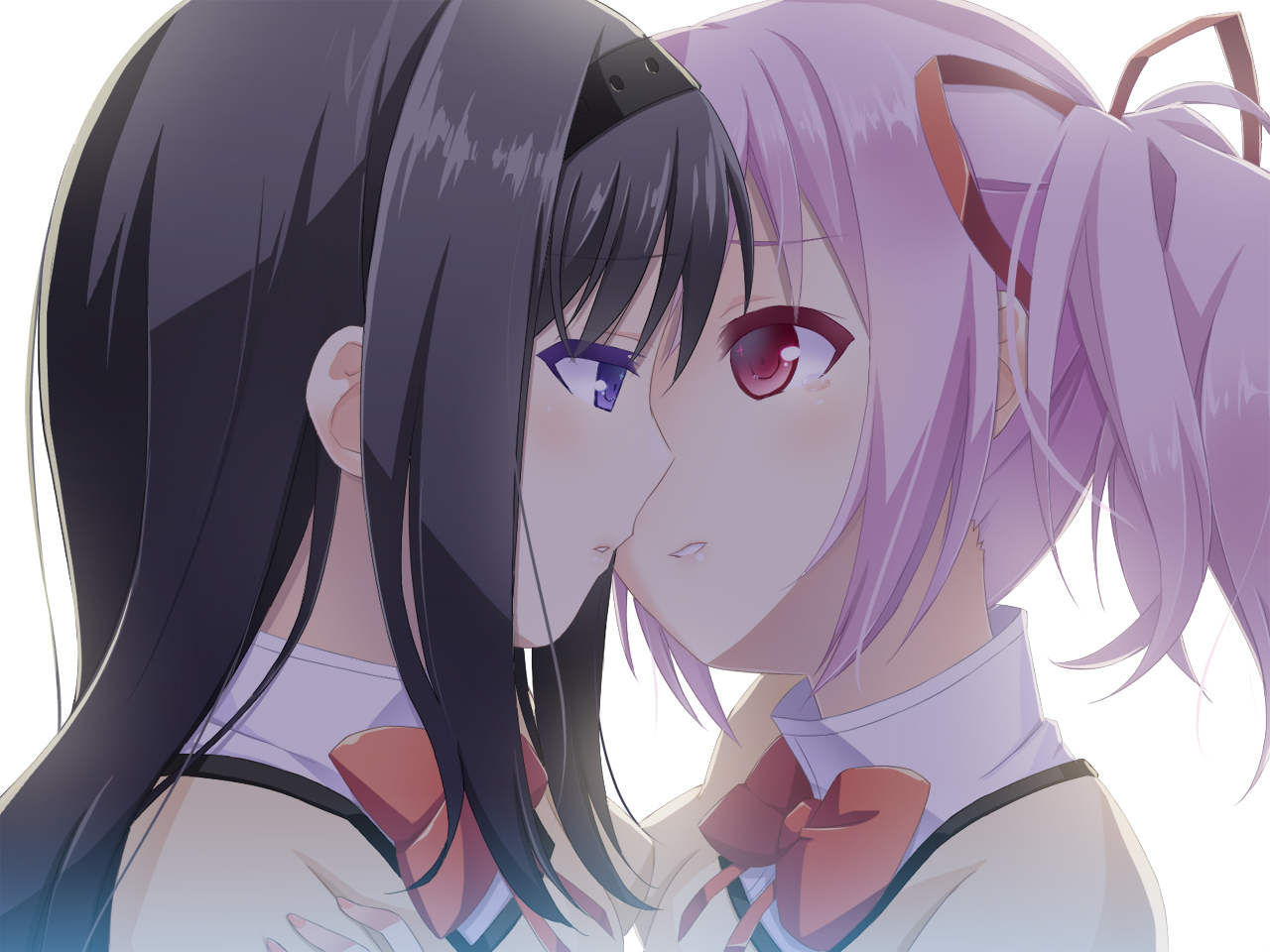 akemi_homura, kaname_madoka, keito_(kazamatuli), mahou_shoujo_madoka_magica, seifuku, wallpaper, yuri