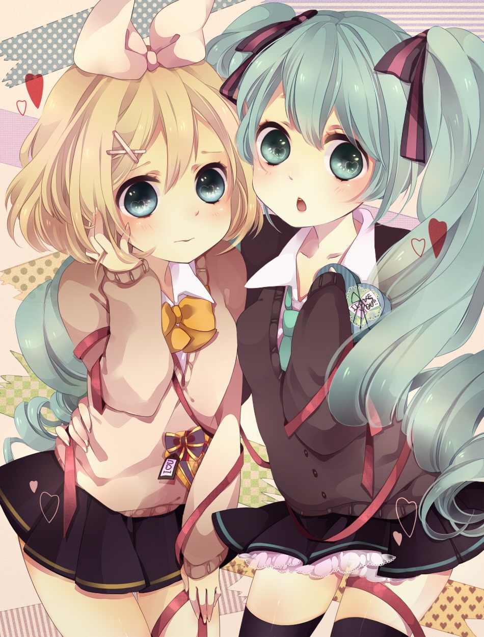 hatsune_miku, kagamine_rin, mata, seifuku, thighhighs, valentine, vocaloid