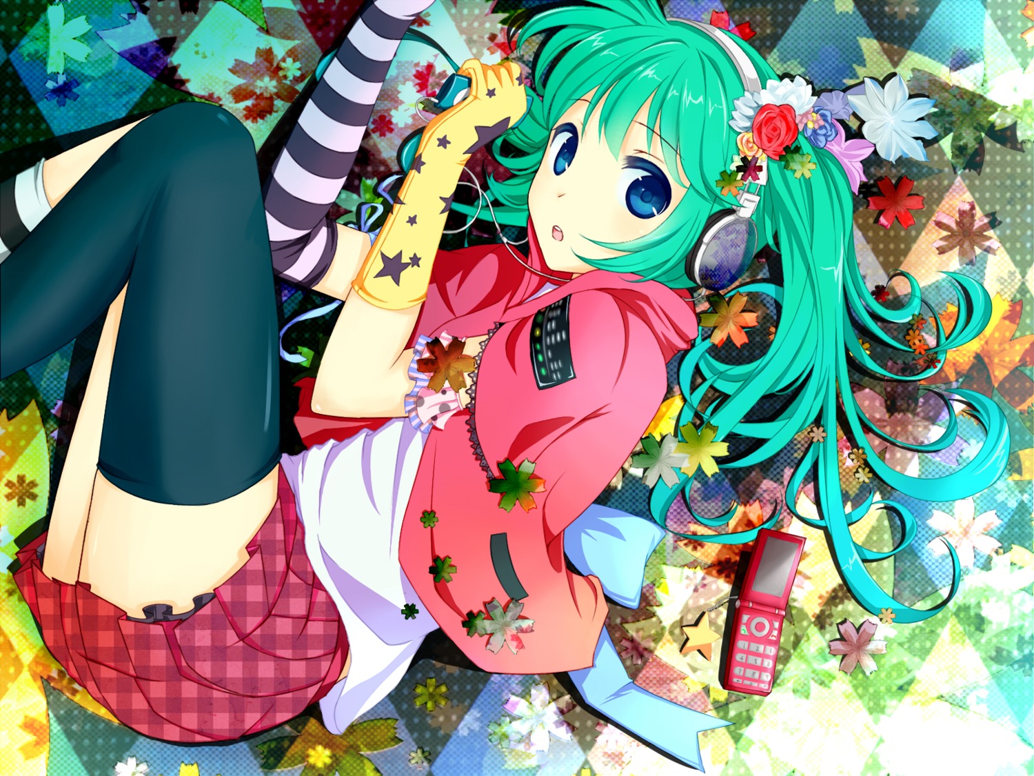 hatsune_miku, headphones, liuli, thighhighs, vocaloid, wallpaper