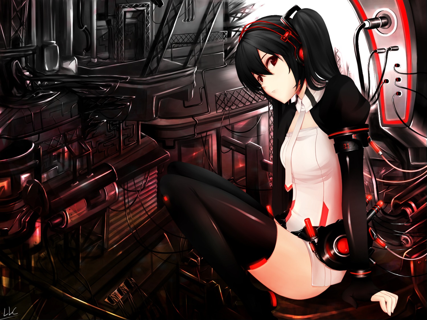 cosplay, hatsune_miku, headphones, liuli, miku_append, thighhighs, vocaloid, vocaloid_append, wallpaper, zatsune_miku, zatsune_miku_(append)