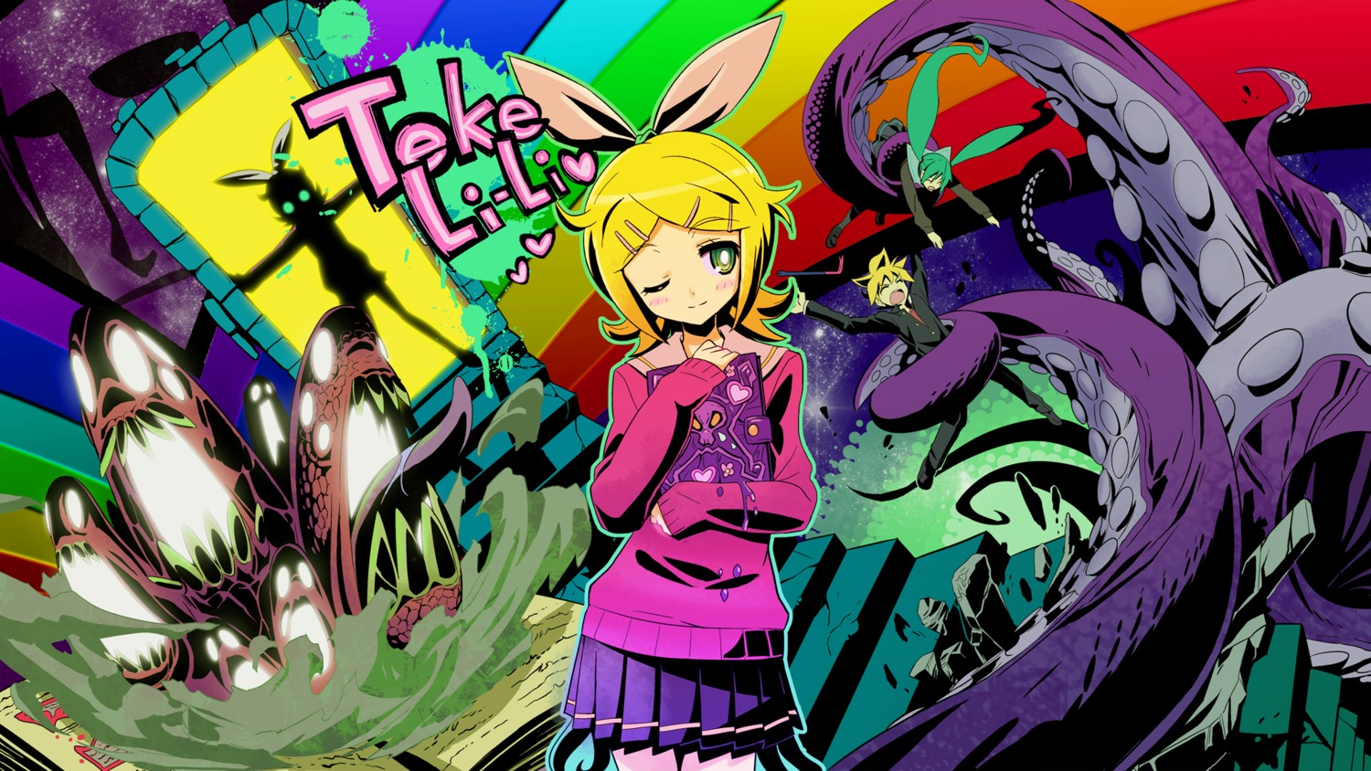 hatsune_miku, kagamine_len, kagamine_rin, maxgonta, vocaloid, wallpaper