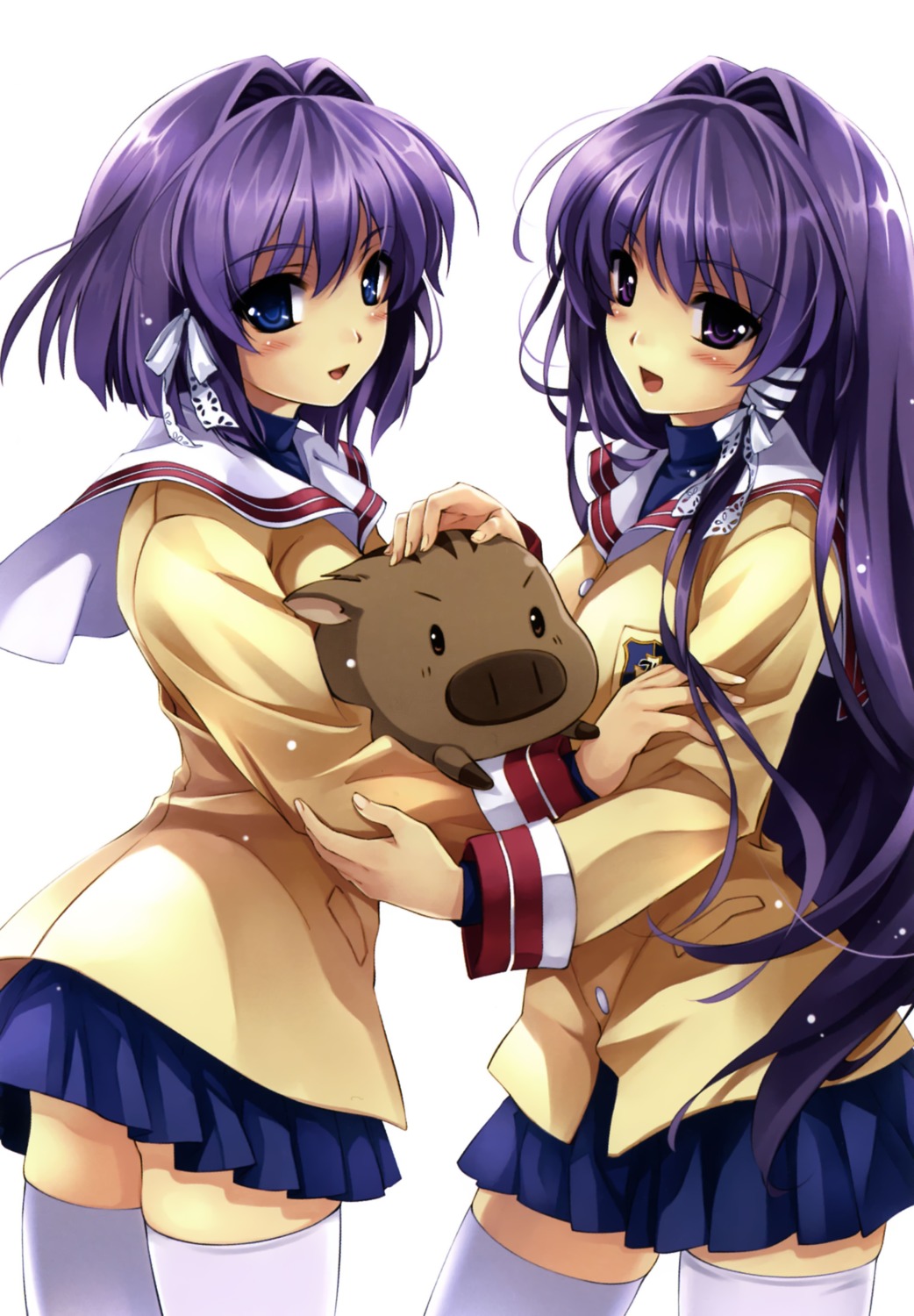 botan_(clannad), clannad, fujibayashi_kyou, fujibayashi_ryou, misaki_kurehito, seifuku, thighhighs