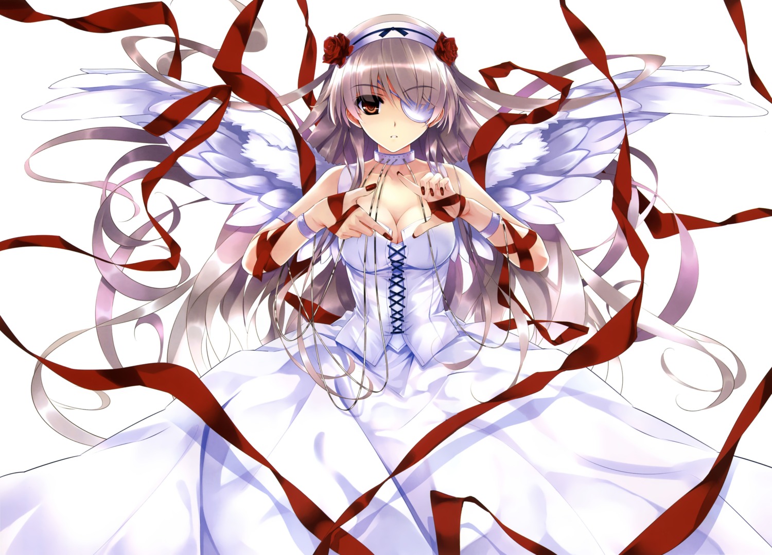cleavage, dress, eyepatch, kuroi_goth_loli_no_shoujo, misaki_kurehito, wings