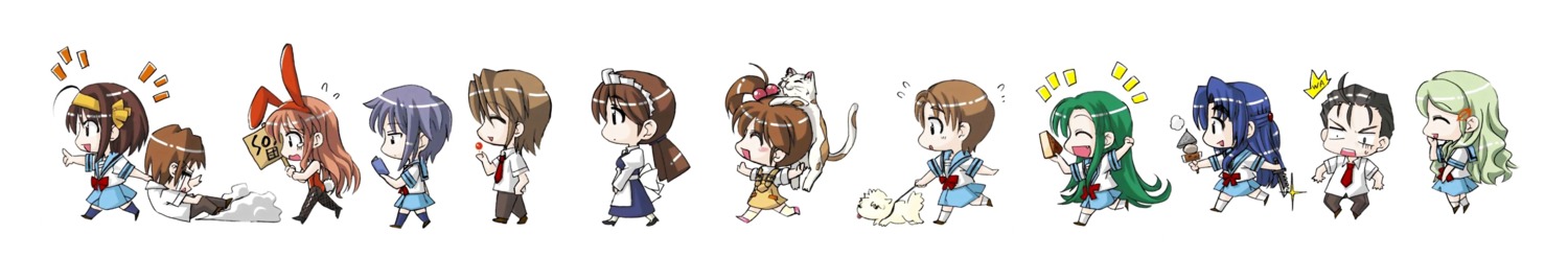 animal_ears, asahina_mikuru, asakura_ryouko, bunny_ears, bunny_girl, chibi, dress, kimidori_emiri