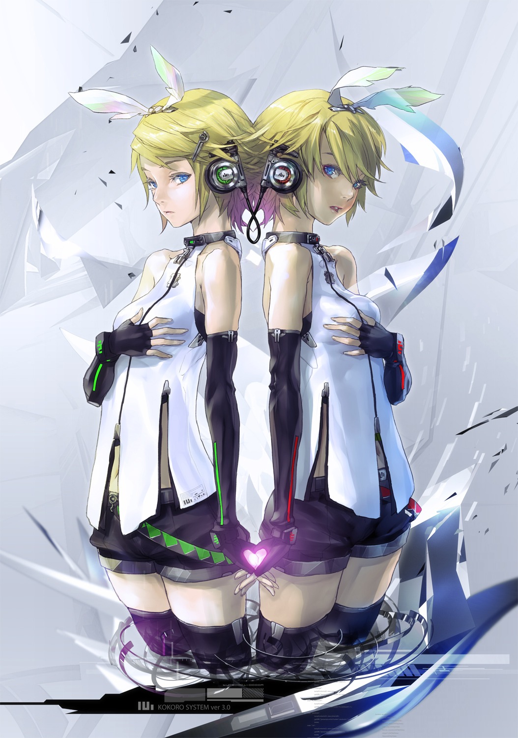 headphones, kagamine_rin, kokoro_(vocaloid), redjuice, vocaloid