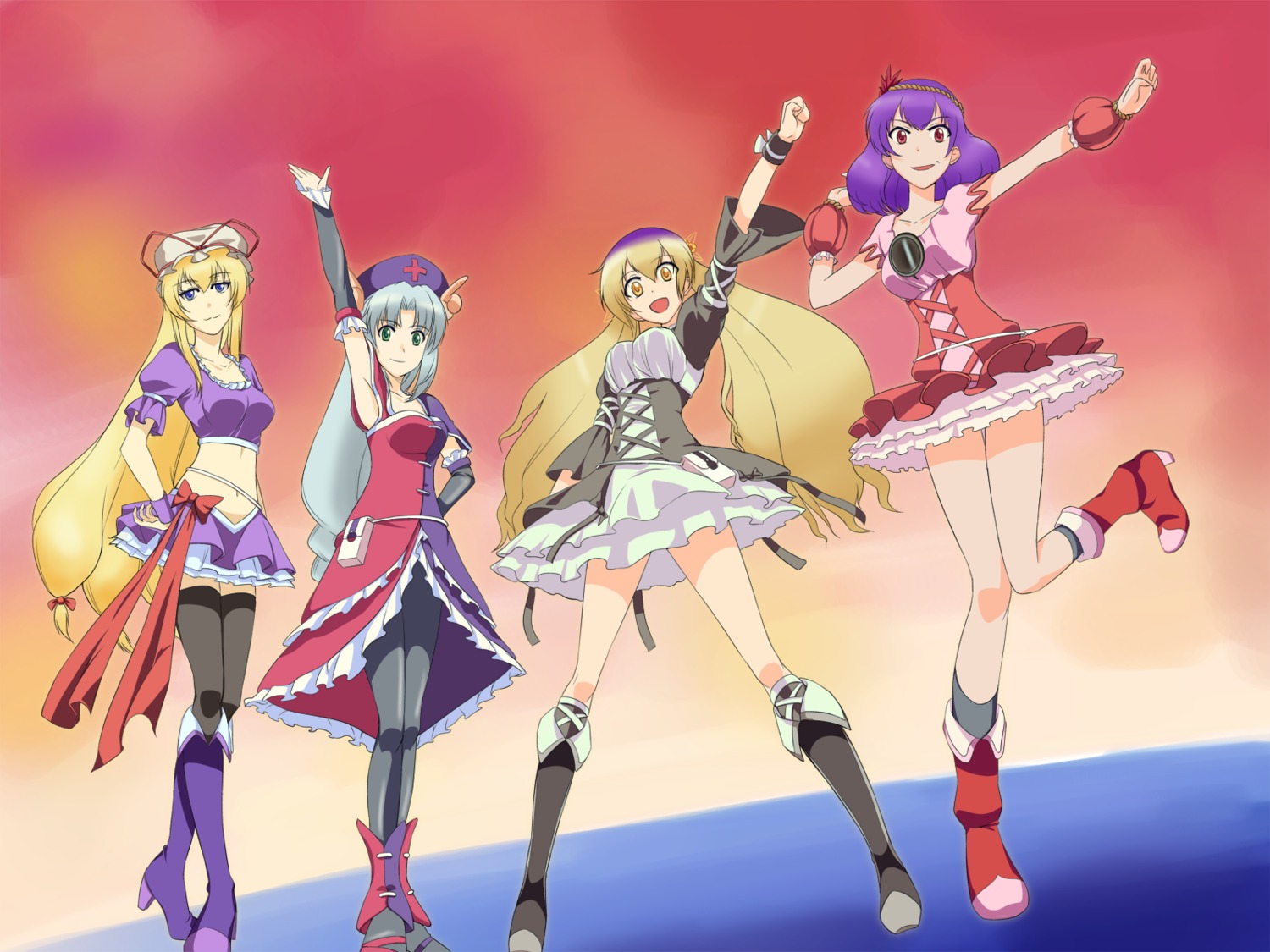 baiken_(artist), fresh_precure!, hijiri_byakuren, pantyhose, parody, precure, thighhighs, touhou, wallpaper, yagokoro_eirin, yakumo_yukari, yasaka_kanako