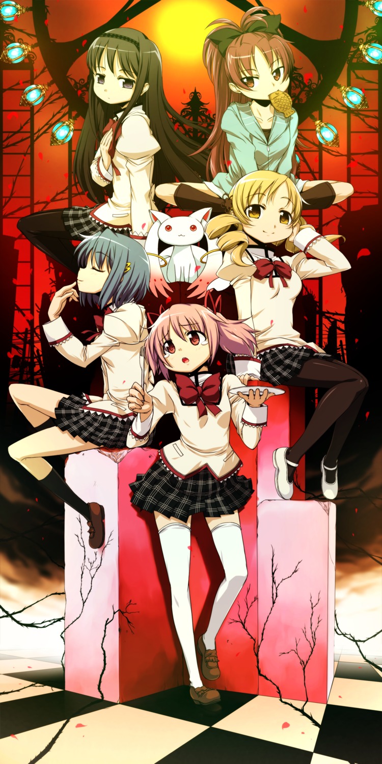 akemi_homura, kaname_madoka, kyubey, mahou_shoujo_madoka_magica, miki_sayaka, onija_tarou, pantyhose, sakura_kyouko, seifuku, thighhighs, tomoe_mami