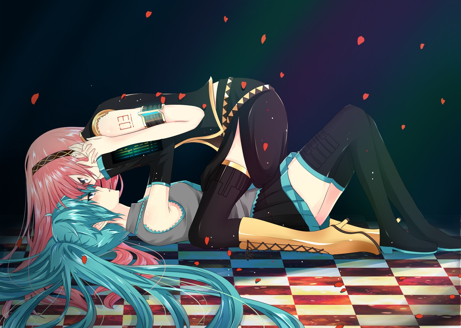 hatsune_miku, megurine_luka, nuko_(mikupantu), thighhighs, vocaloid, yuri