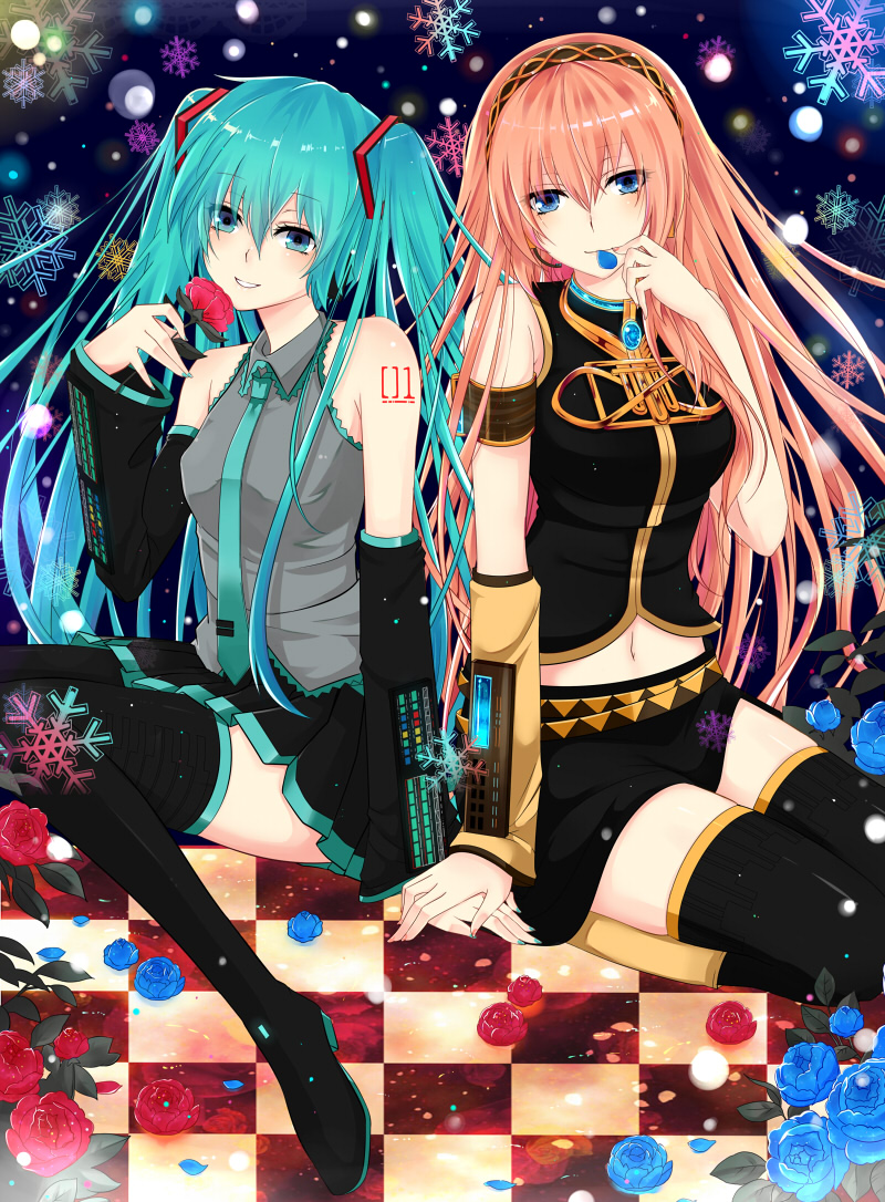 hatsune_miku, megurine_luka, nuko_(mikupantu), thighhighs, vocaloid