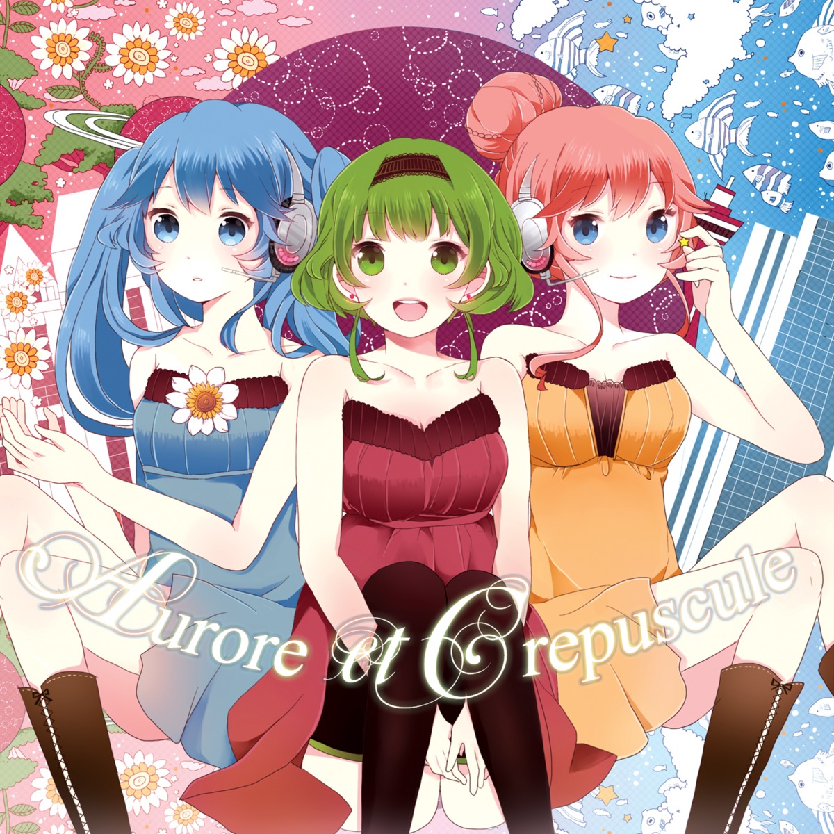 dress, gumi, hatsune_miku, headphones, komine, megurine_luka, pantyhose, vocaloid