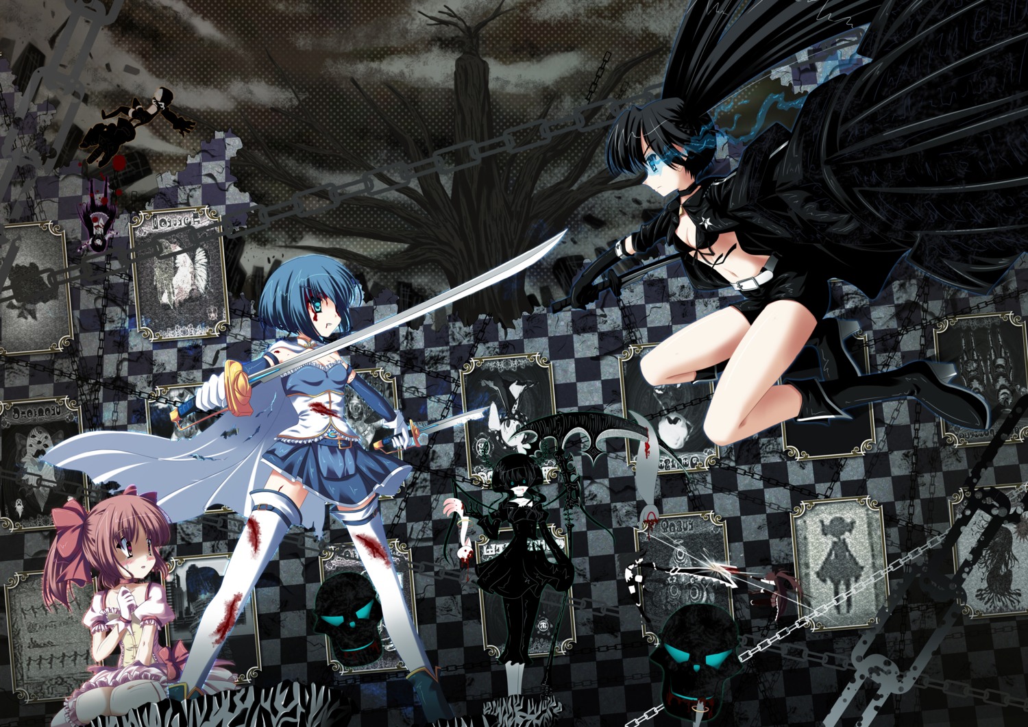 akemi_homura, black_gold_saw, black_rock_shooter, black_rock_shooter_(character), blood, crossover, dead_master, kaname_madoka, kyubey, mahou_shoujo_madoka_magica, miki_sayaka, sakura_kyouko, strength, sword, thighhighs, vashaps2, vocaloid