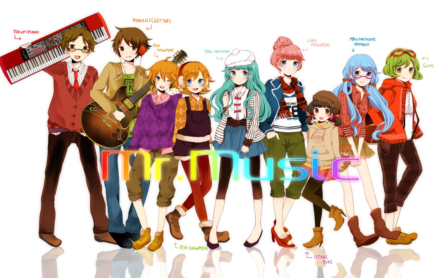 guitar, gumi, hatsune_miku, kaai_yuki, kagamine_len, kagamine_rin, komine, megane
