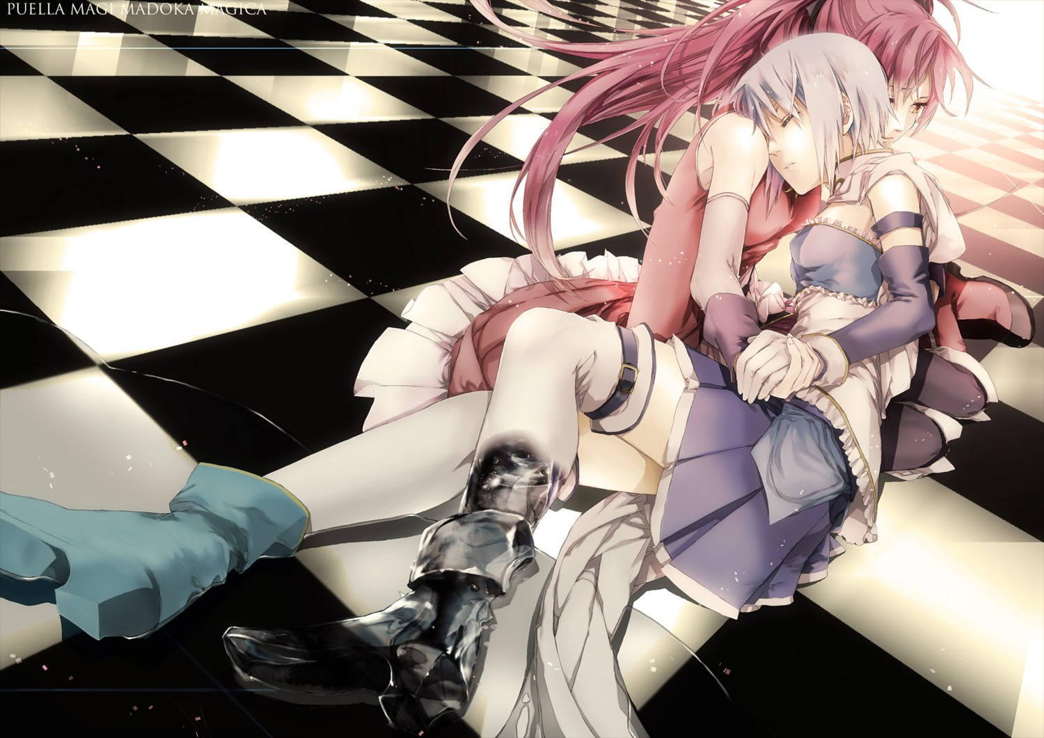 aliasing, hitaki_azami, mahou_shoujo_madoka_magica, miki_sayaka, sakura_kyouko, thighhighs