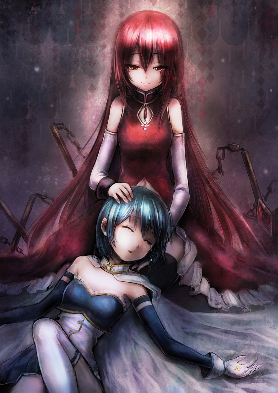 kintsuku, mahou_shoujo_madoka_magica, miki_sayaka, sakura_kyouko, thighhighs