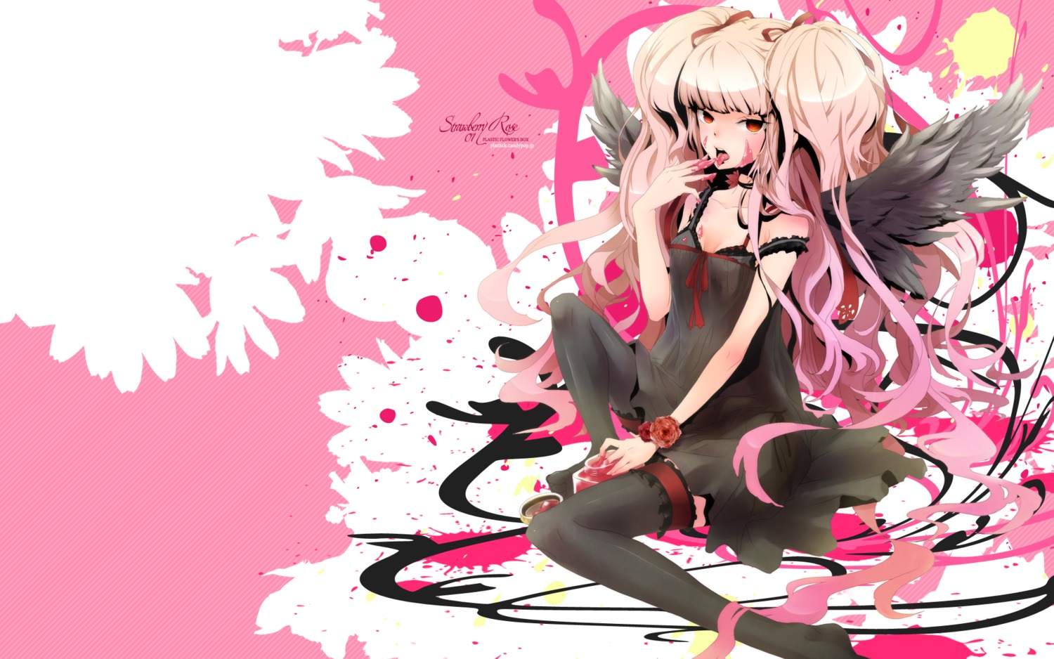 dress, hiiragi_ryou, i.s.w, thighhighs, wallpaper, wings, zerokichi