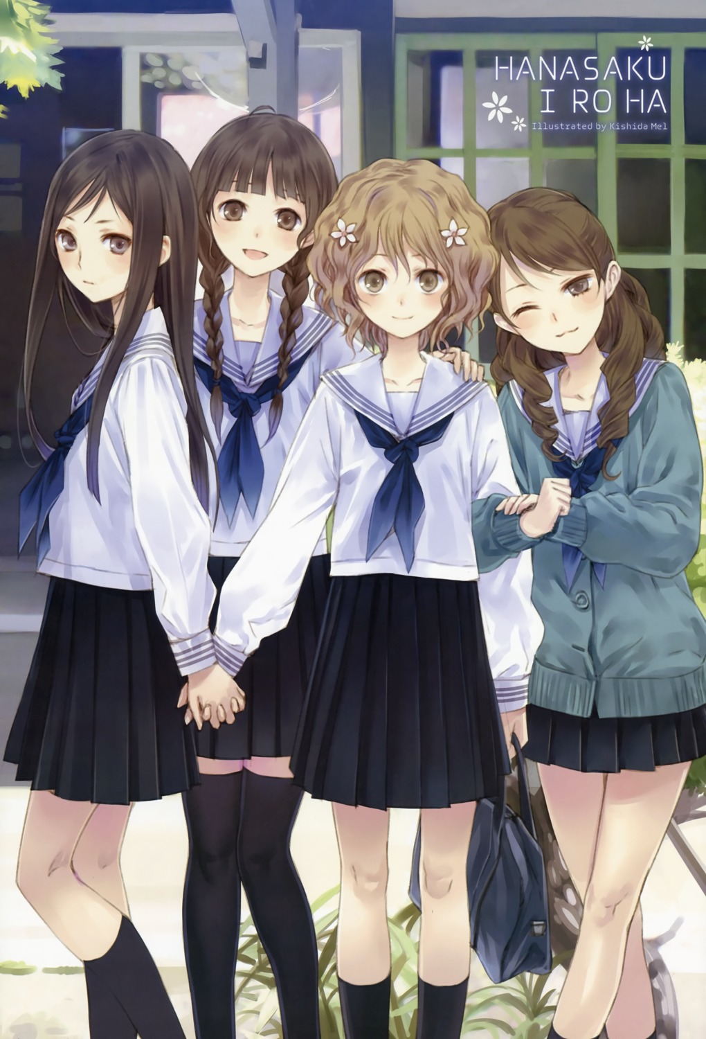 hanasaku_iroha, jpeg_artifacts, kishida_mel, matsumae_ohana, oshimizu_nako, seifuku, thighhighs, tsurugi_minko, wakura_yuina