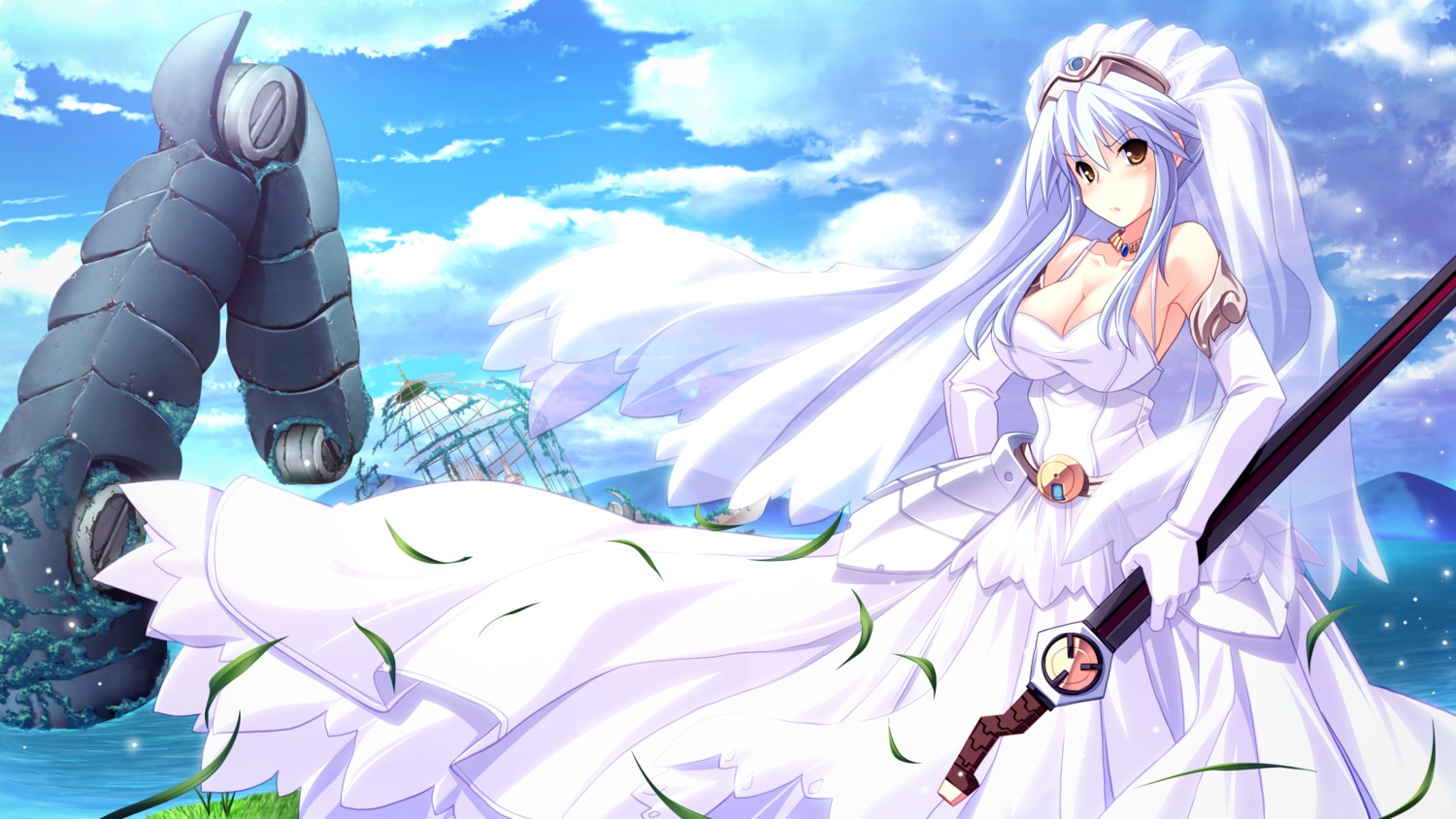 cleavage, dress, game_cg, juno_verde, skyfish, soukyuu_no_soleil, sword, tsurugi_hagane, wedding_dress