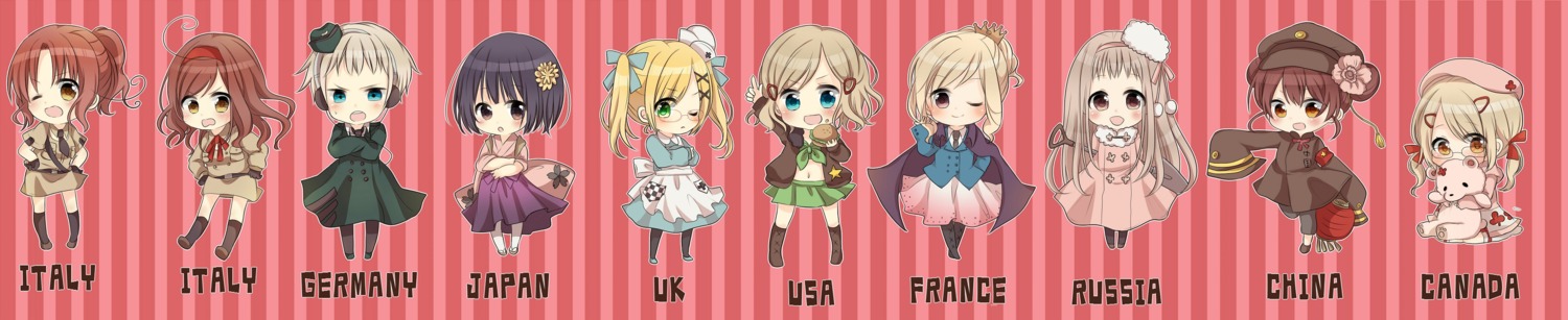 america, canada, chibi, china, dress, france, genderswap, germany, hetalia_axis_powers, japan, kazuneko_bimoe, north_italy, russia, south_italy, united_kingdom