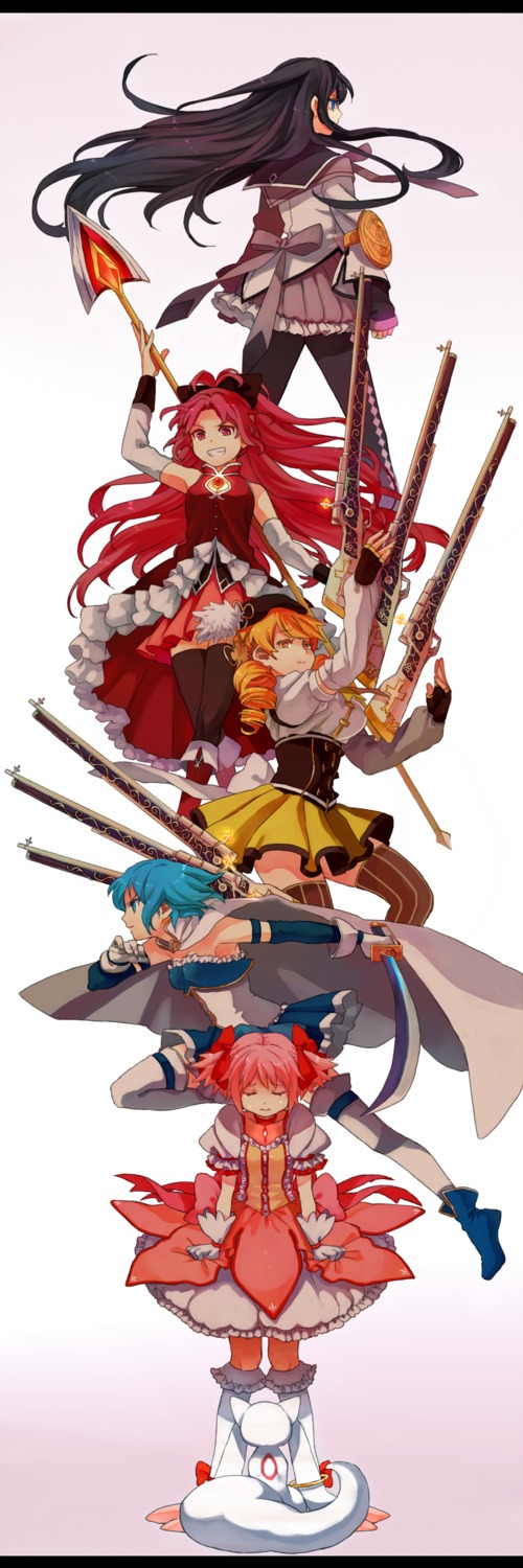 akemi_homura, gun, kaname_madoka, kyubey, mahou_shoujo_madoka_magica, miki_sayaka, pantyhose, sakura_kyouko, sword, tachibana_amane, thighhighs, tomoe_mami, weapon