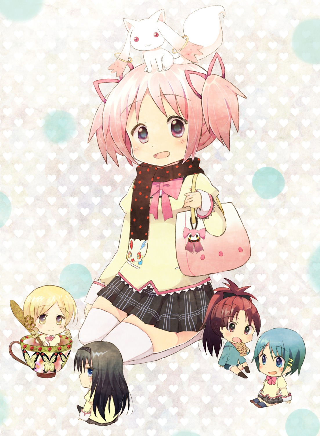 akemi_homura, charlotte_(madomagi), chibi, gum_(vivid_garden), kaname_madoka, kyubey, mahou_shoujo_madoka_magica, miki_sayaka