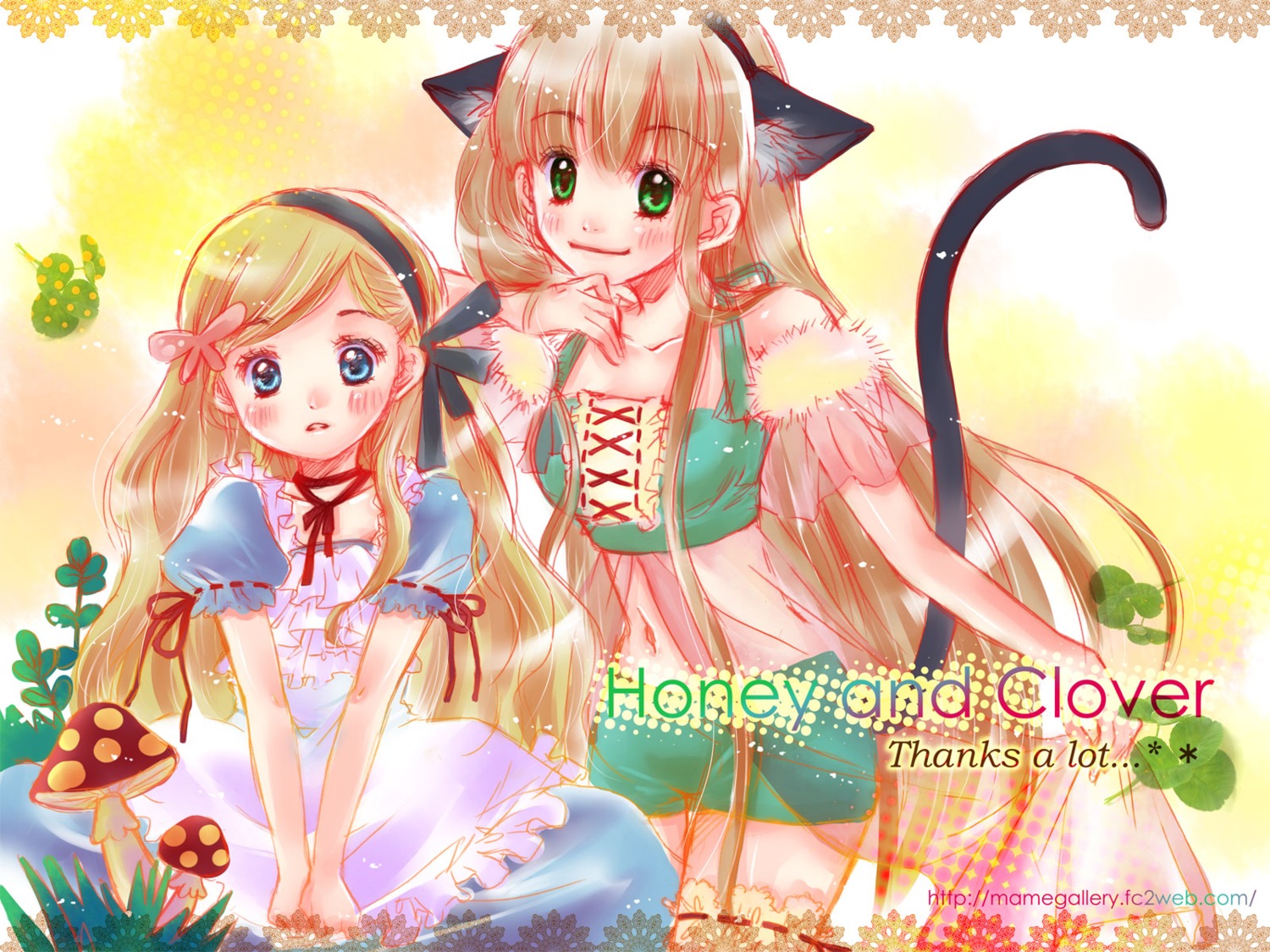animal_ears, dress, hanamoto_hagumi, honey_and_clover, nekomimi, sara_yuuki, tail, wallpaper