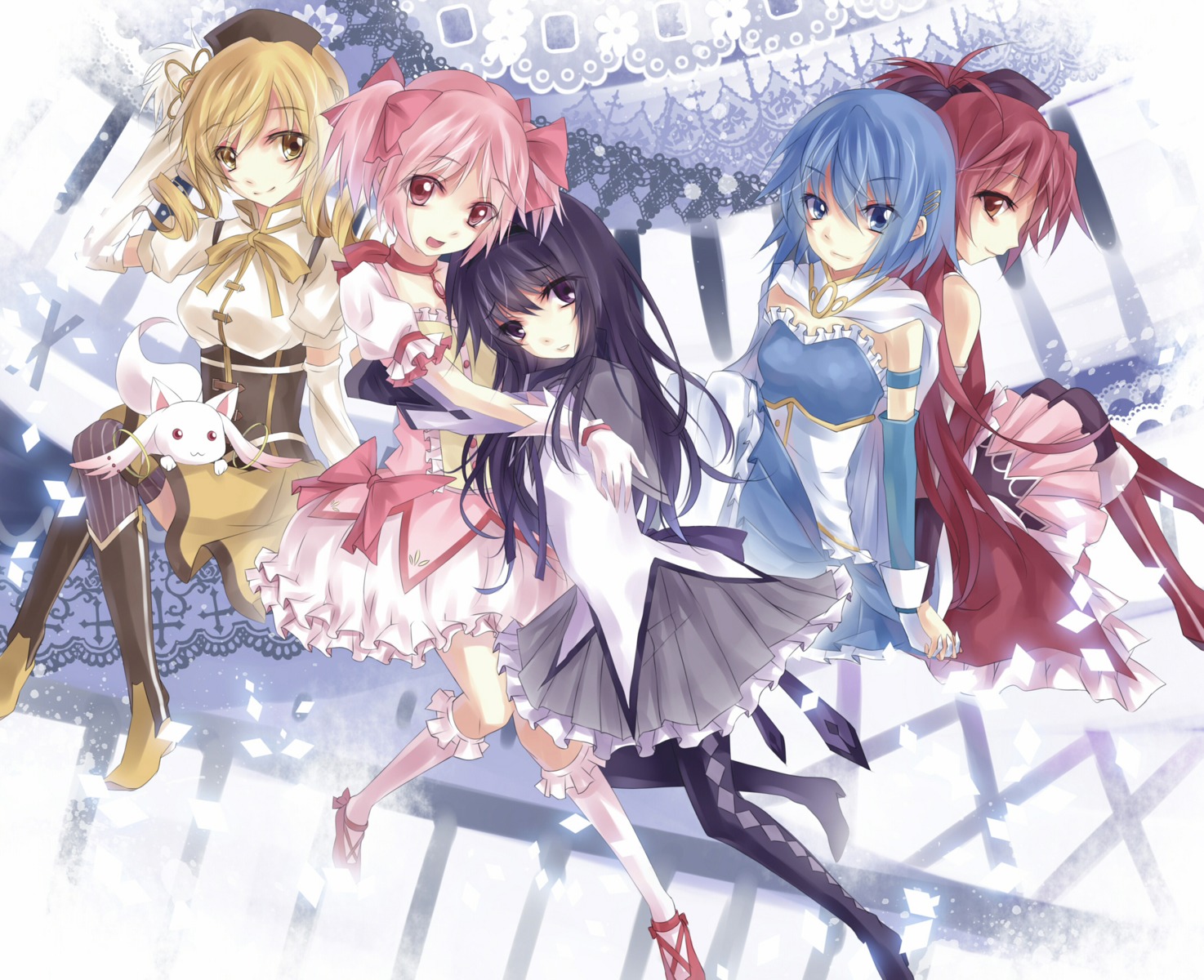 akemi_homura, asuka_(louyun), kaname_madoka, kyubey, mahou_shoujo_madoka_magica, miki_sayaka, sakura_kyouko, thighhighs, tomoe_mami