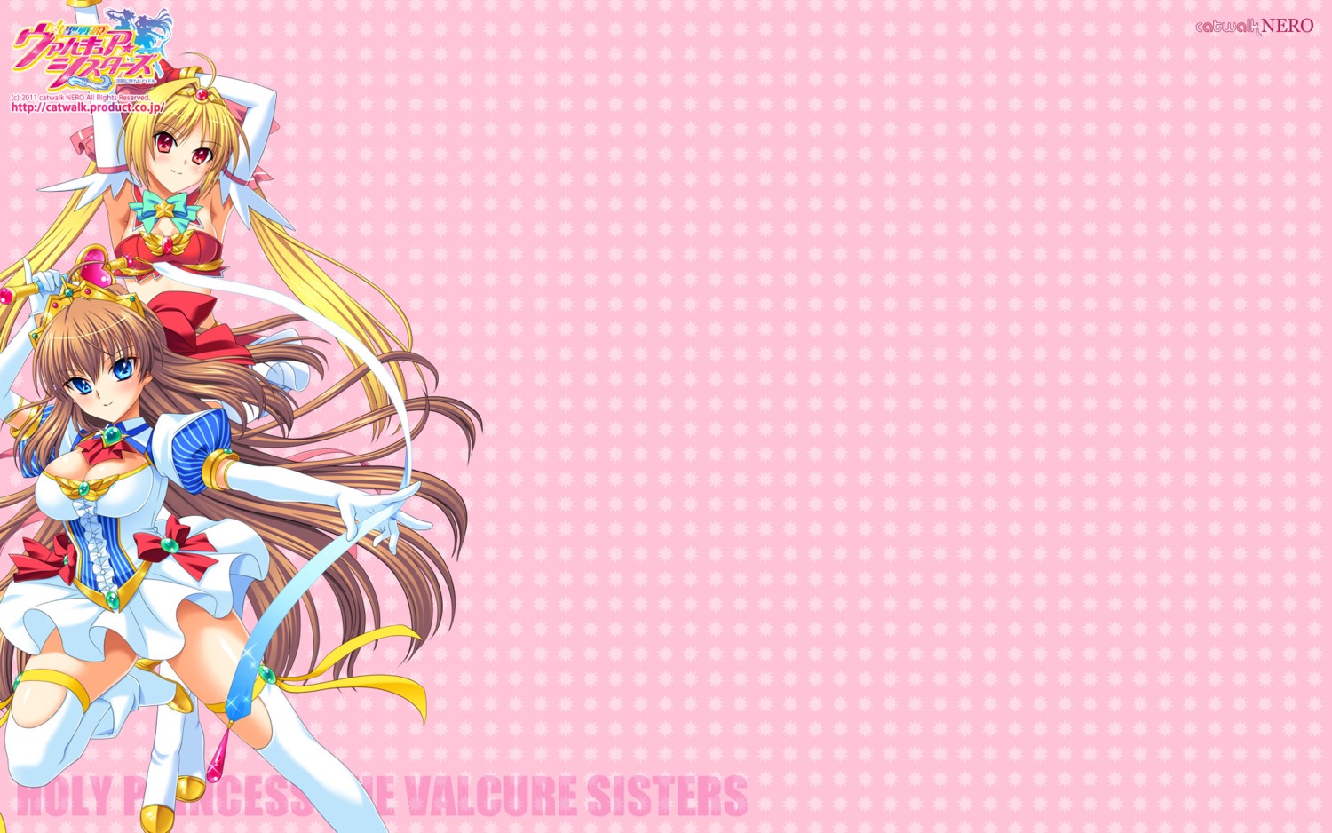 catwalk, cleavage, dress, kamei, sakurai_asahi, sakurai_natsuki, seisenki_valkyrie_sisters_~yami_ni_ochita_idol~, thighhighs