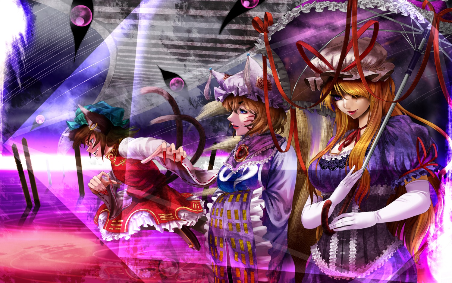 chen, nekoarashi, touhou, wallpaper, yakumo_ran, yakumo_yukari