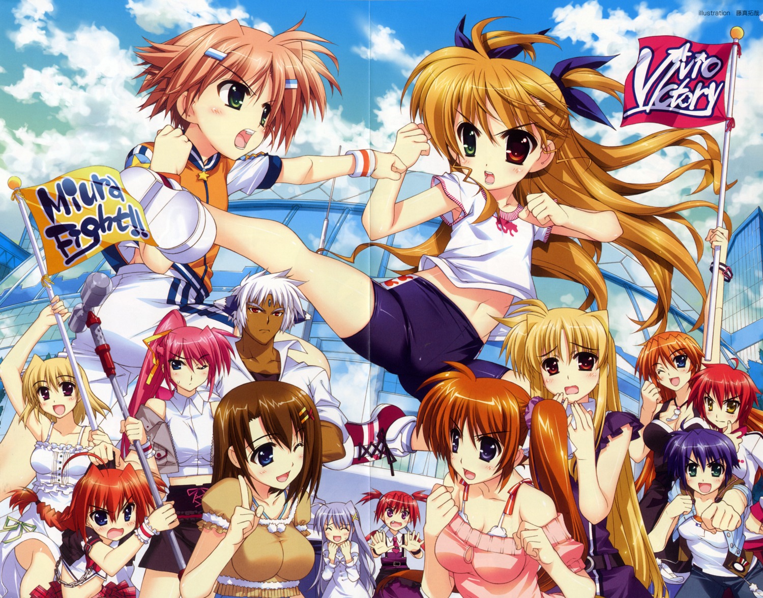 agito, bike_shorts, cleavage, fate_testarossa, fujima_takuya, mahou_shoujo_lyrical_nanoha, mahou_shoujo_lyrical_nanoha_vivid, miura_rinaldi