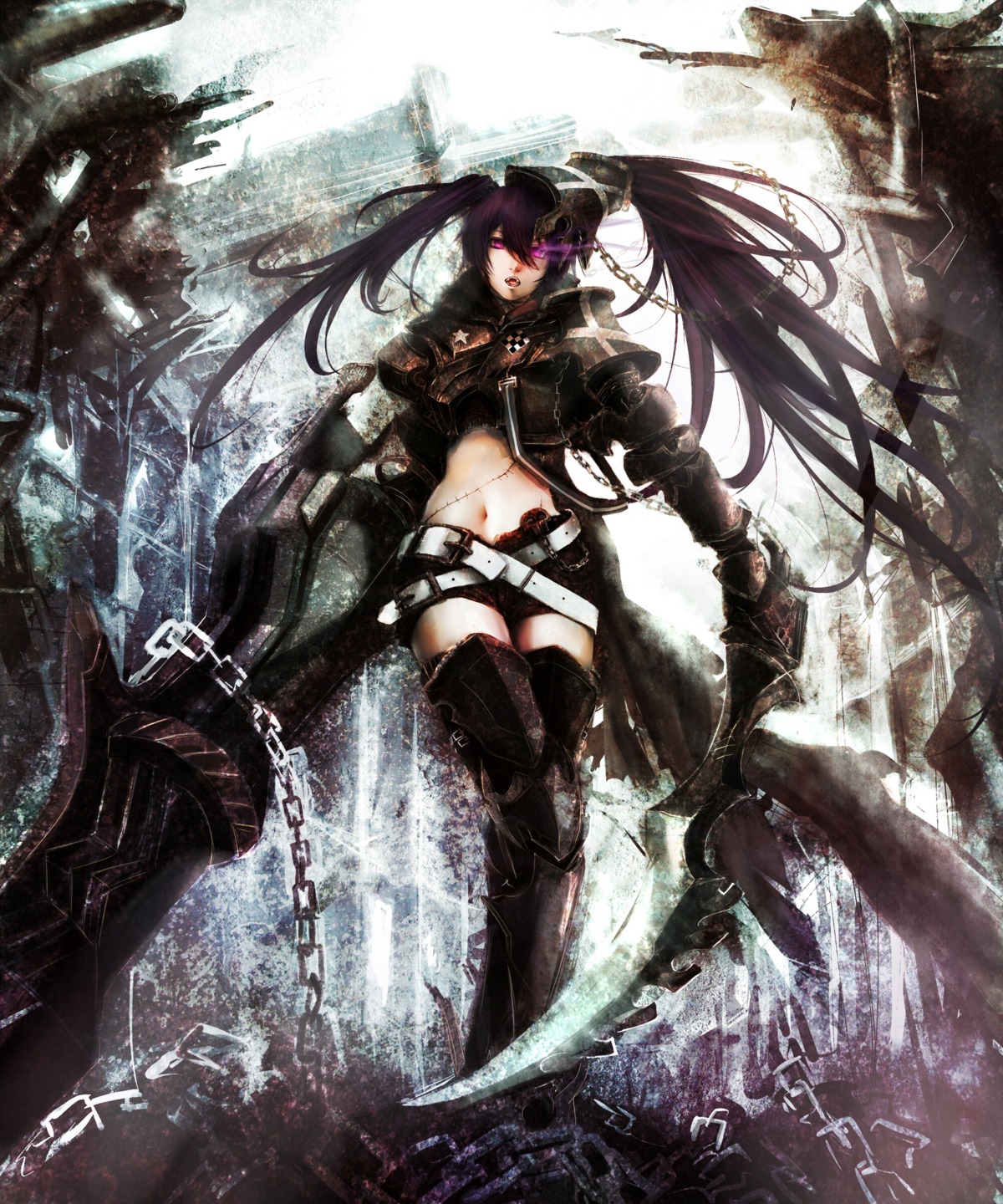 black_rock_shooter, black_rock_shooter_(character), insane_black_rock_shooter, takakyo, thighhighs, vocaloid