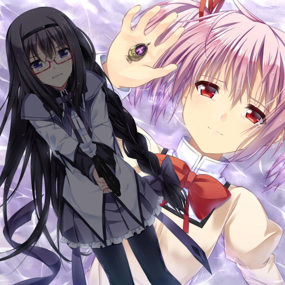 akemi_homura, gun, kaname_madoka, keito_(kazamatuli), mahou_shoujo_madoka_magica, megane