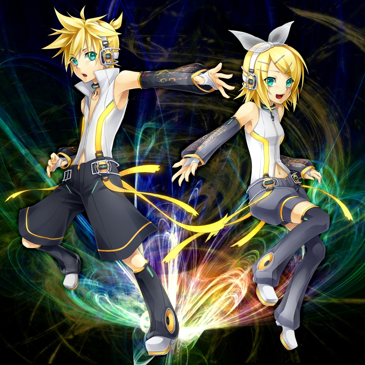 headphones, kagamine_len, kagamine_rin, len_append, rin_append, ueno_tsuki, vocaloid, vocaloid_append