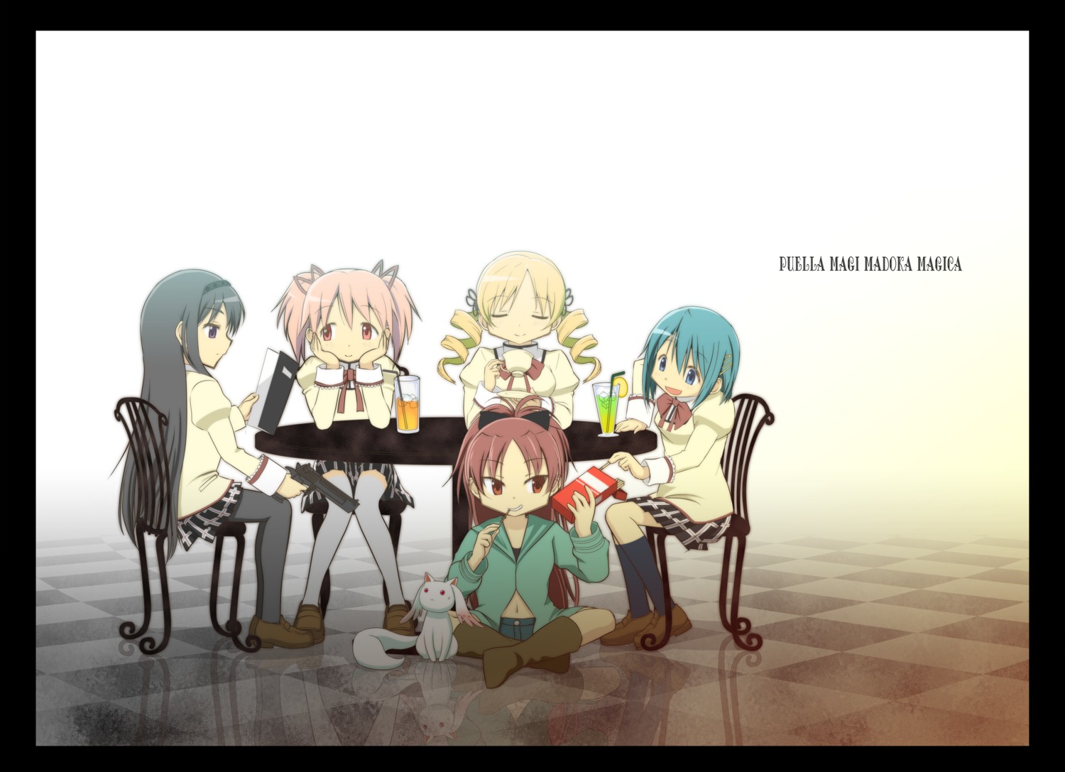 akemi_homura, gun, kaname_madoka, kyubey, mahou_shoujo_madoka_magica, miki_sayaka, pantyhose, sakura_kyouko