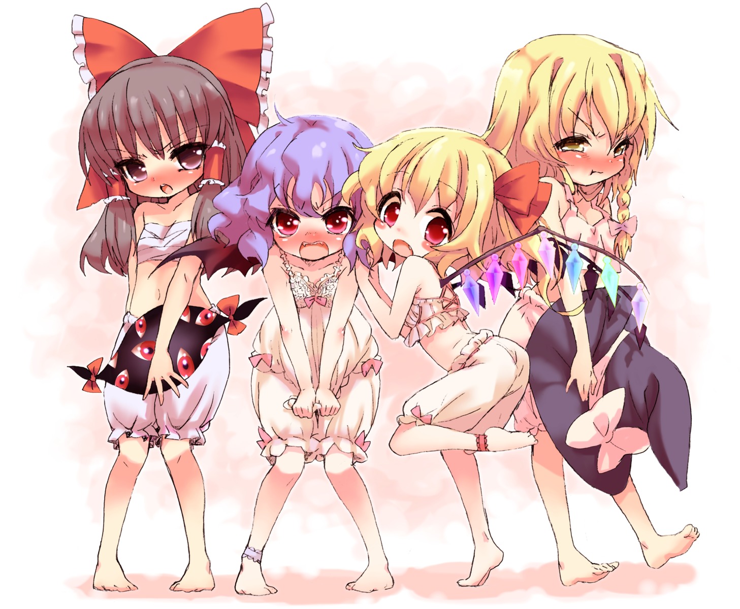 bloomers, flandre_scarlet, hakurei_reimu, kirisame_marisa, remilia_scarlet, sarashi, touhou, yanagida_shita