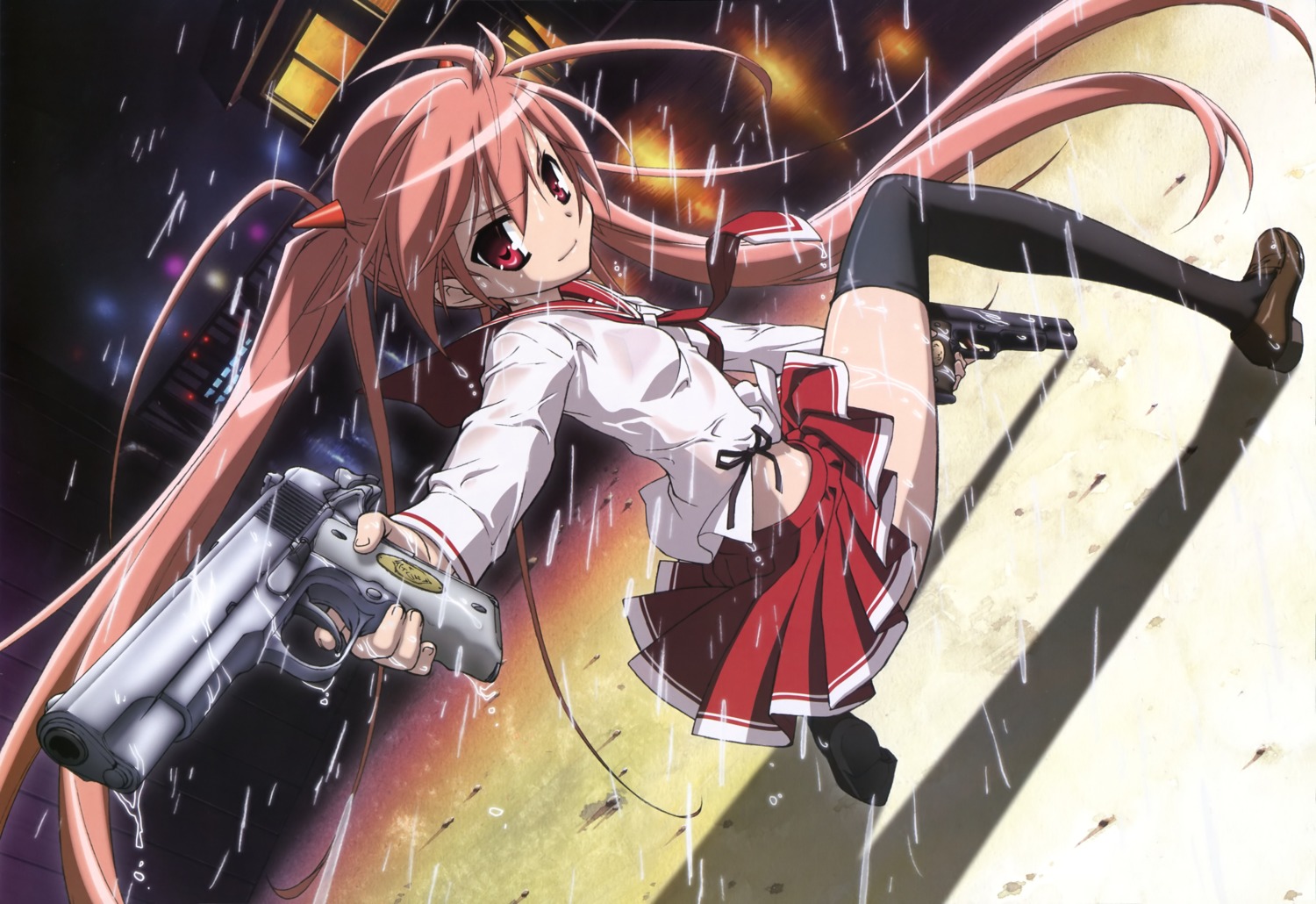 bra, gun, hidan_no_aria, iwakura_kazunori, kanzaki_h._aria, seifuku, thighhighs, wet_clothes