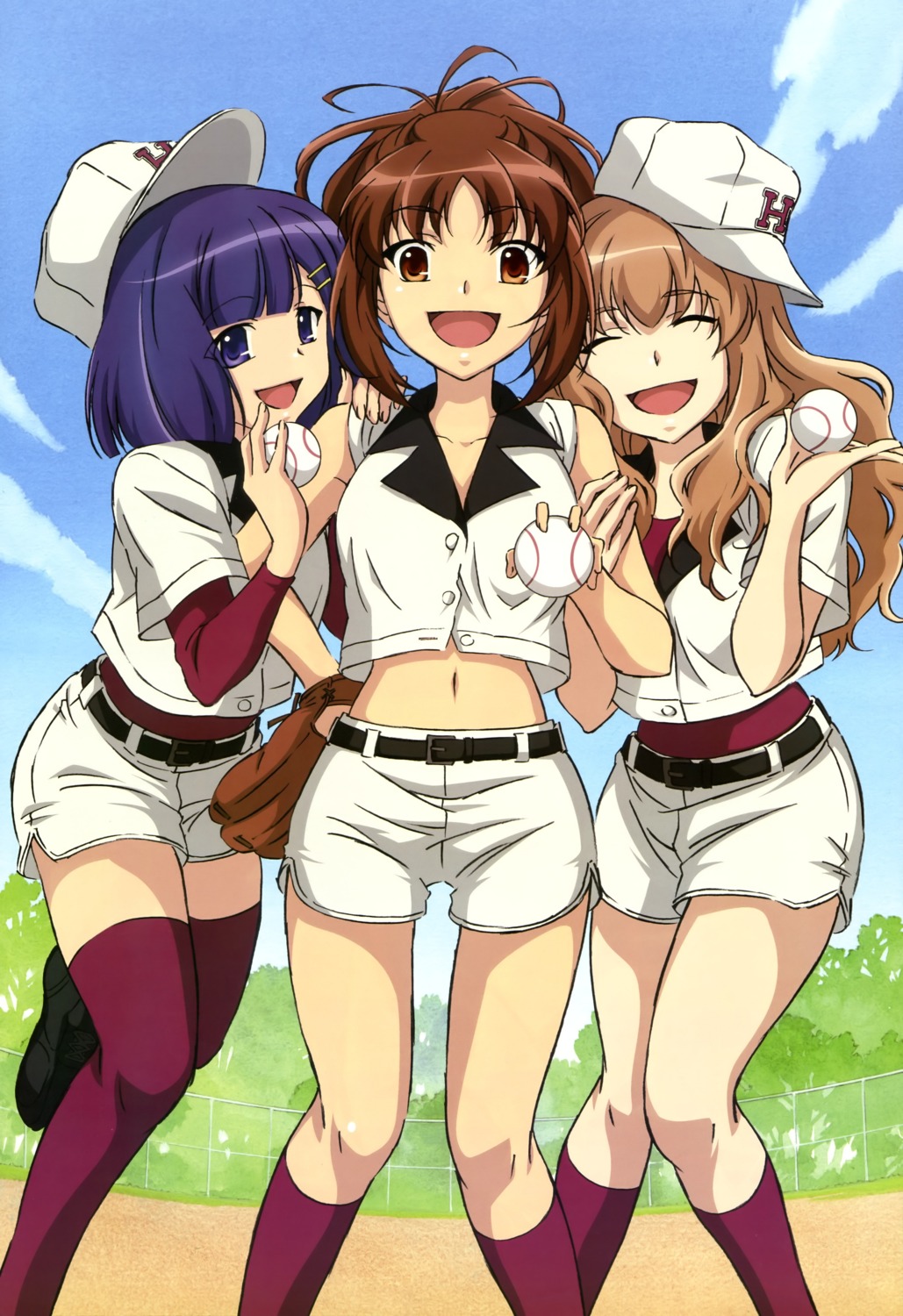 baseball, houjou_ayano, kawashima_minami, miyakawa_chieko, miyata_yuuki, moshidora, thighhighs