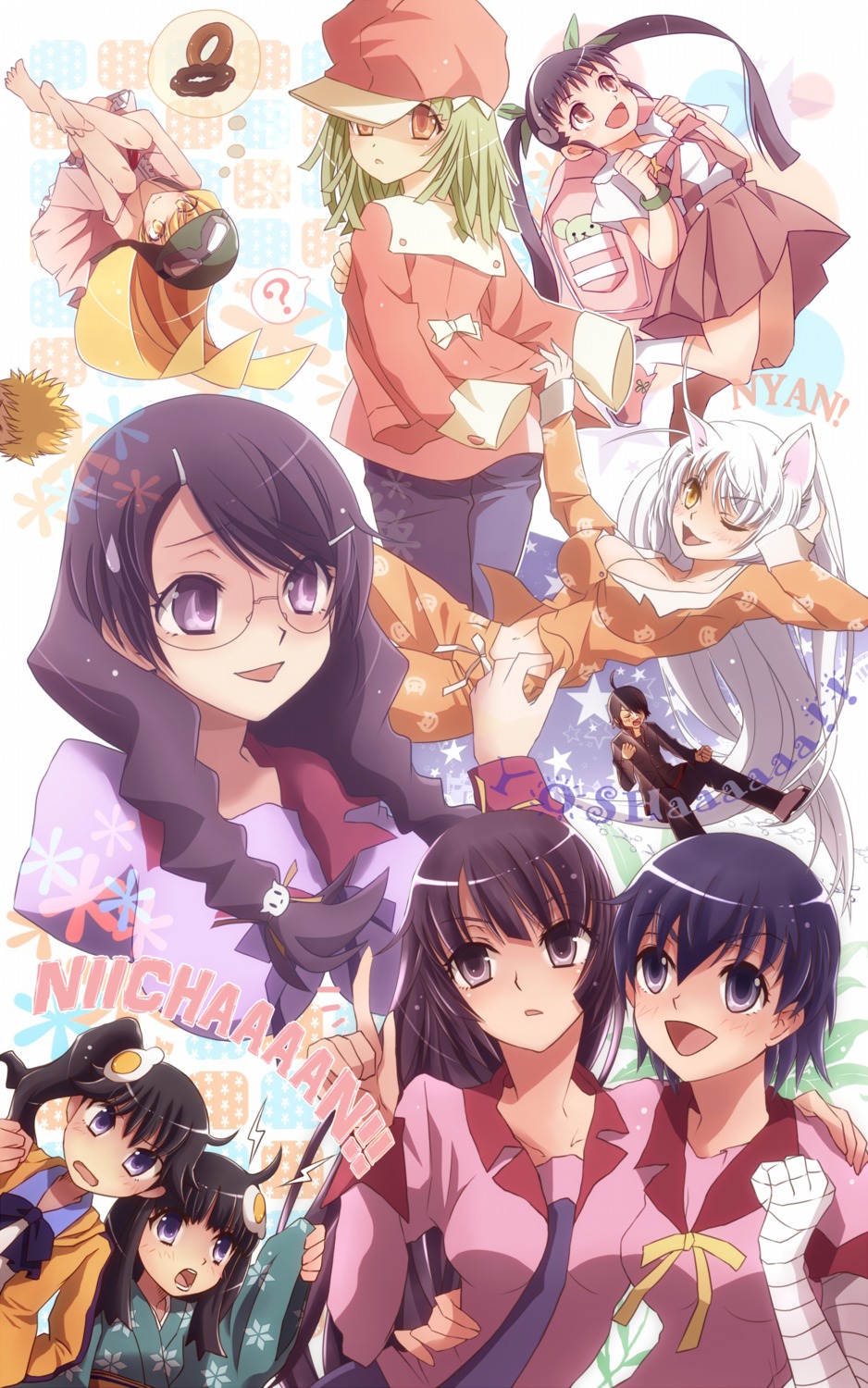 araragi_karen, araragi_koyomi, araragi_tsukihi, bakemonogatari, hachikuji_mayoi, hanekawa_tsubasa, kanbaru_suruga, megane