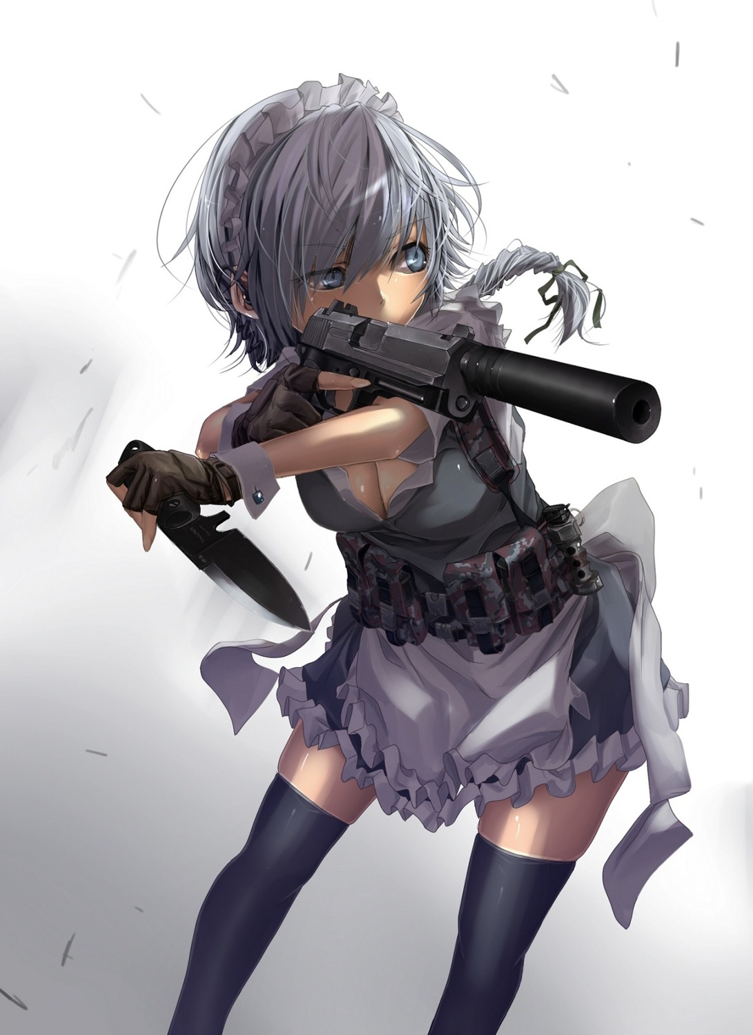 gun, izayoi_sakuya, maid, terabyte_(rook777), thighhighs, touhou