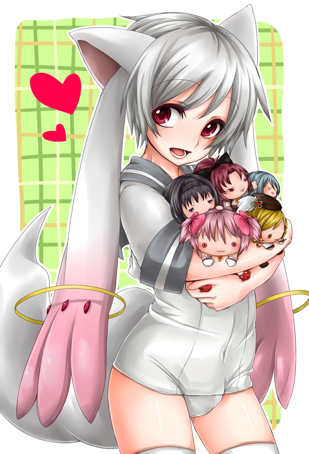 akemi_homura, animal_ears, anthropomorphization, kaname_madoka, kimigainai, kyubey, mahou_shoujo_madoka_magica, miki_sayaka, sakura_kyouko, school_swimsuit, swimsuits, thighhighs, tomoe_mami, trap