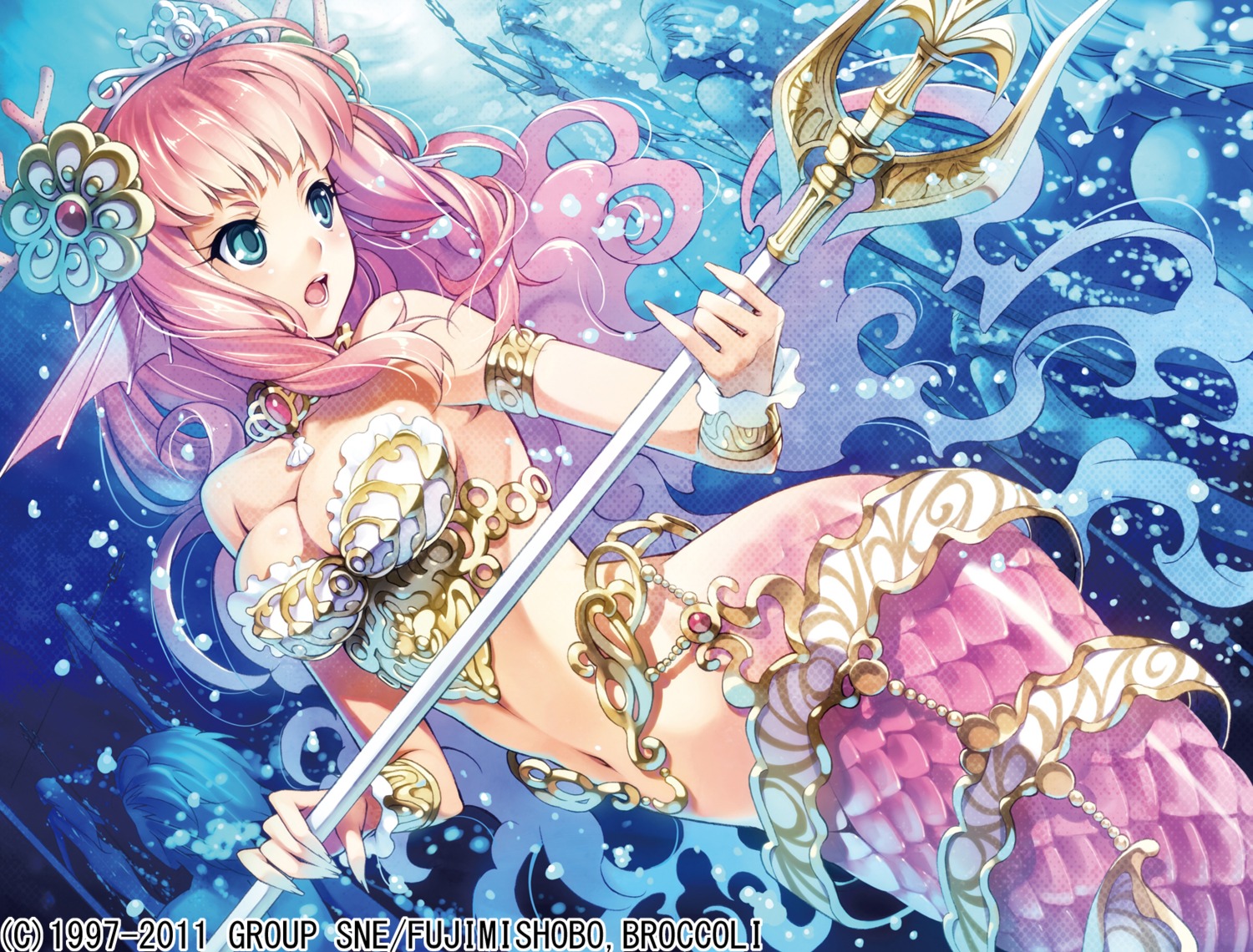 cleavage, ikeda_yasuhiro, mermaid, monster_collection, monster_girl, weapon