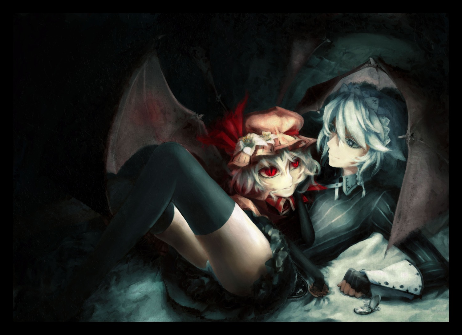 godling, izayoi_sakuya, pantsu, remilia_scarlet, thighhighs, touhou, wings