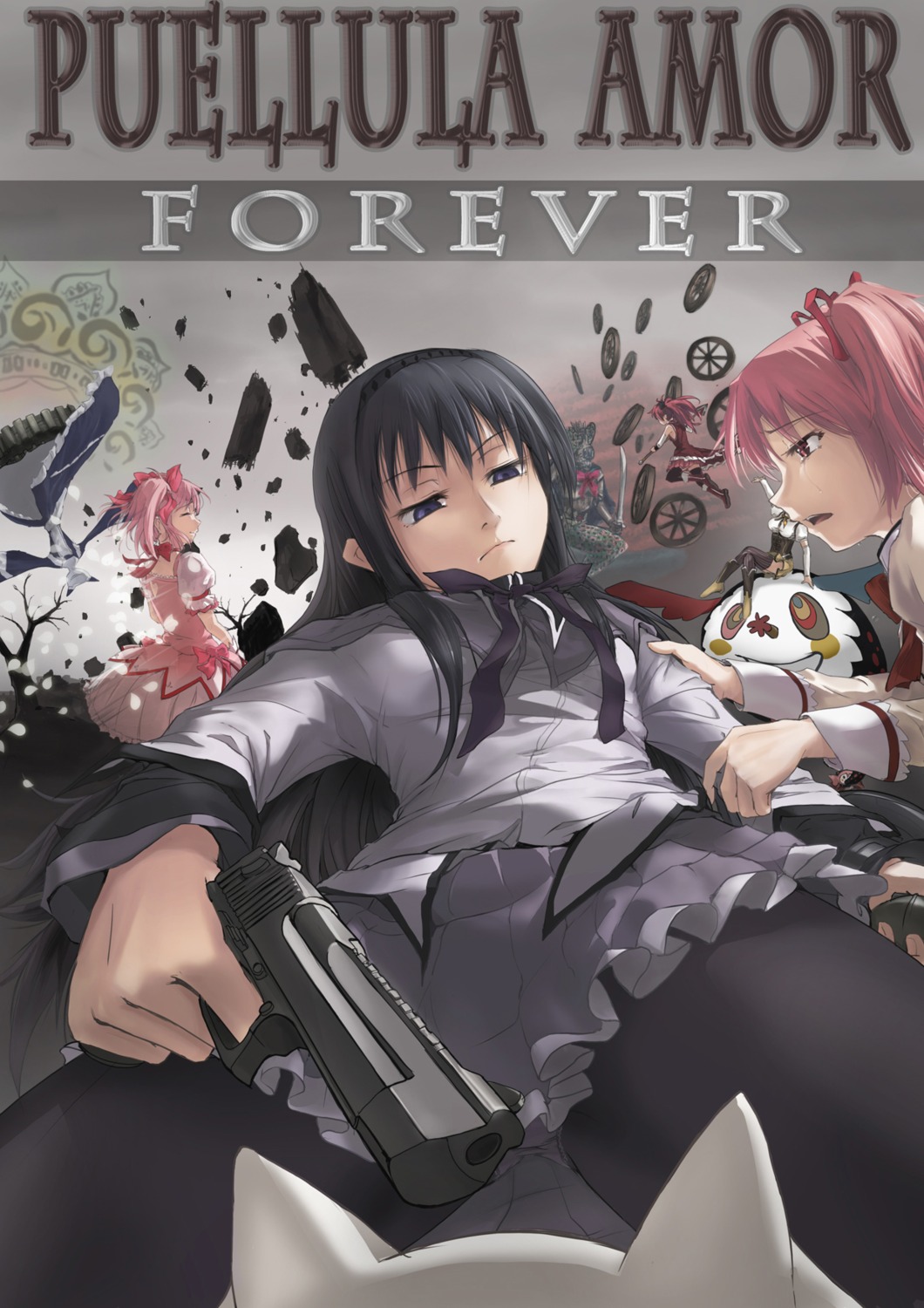 akemi_homura, charlotte_(madomagi), gun, kaname_madoka, kyubey, mact, mahou_shoujo_madoka_magica, pantyhose